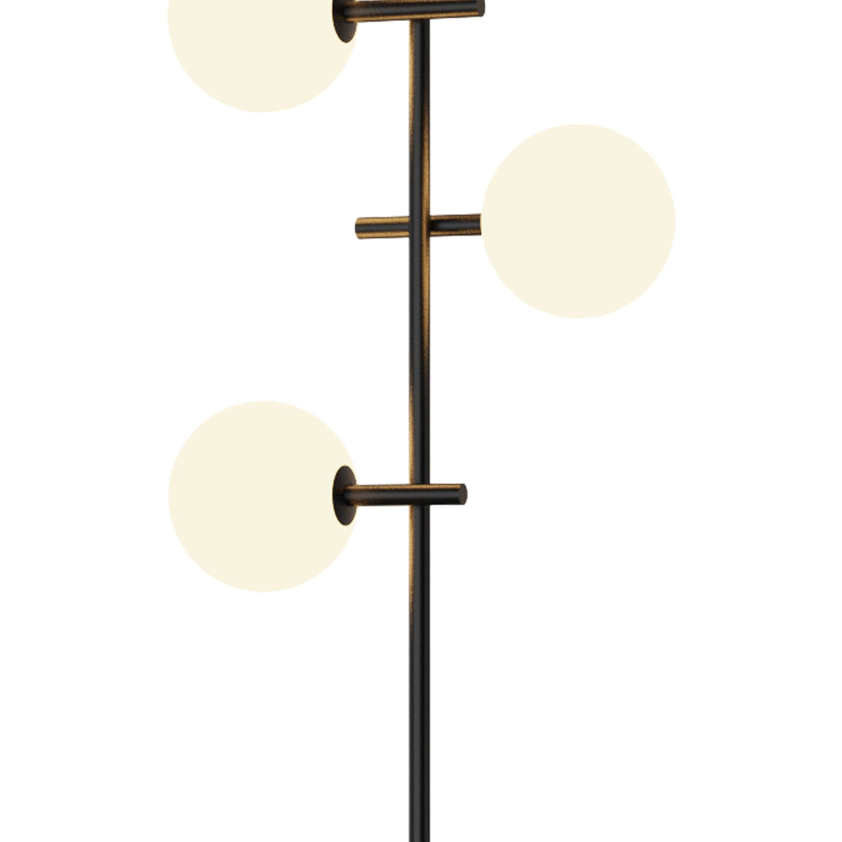The Cellar LED Floor Lamp 5W 4000K - Black features a modern black pole with three frosted glass globes on horizontal rods at varying heights, providing dimmable lighting for customizable ambiance.