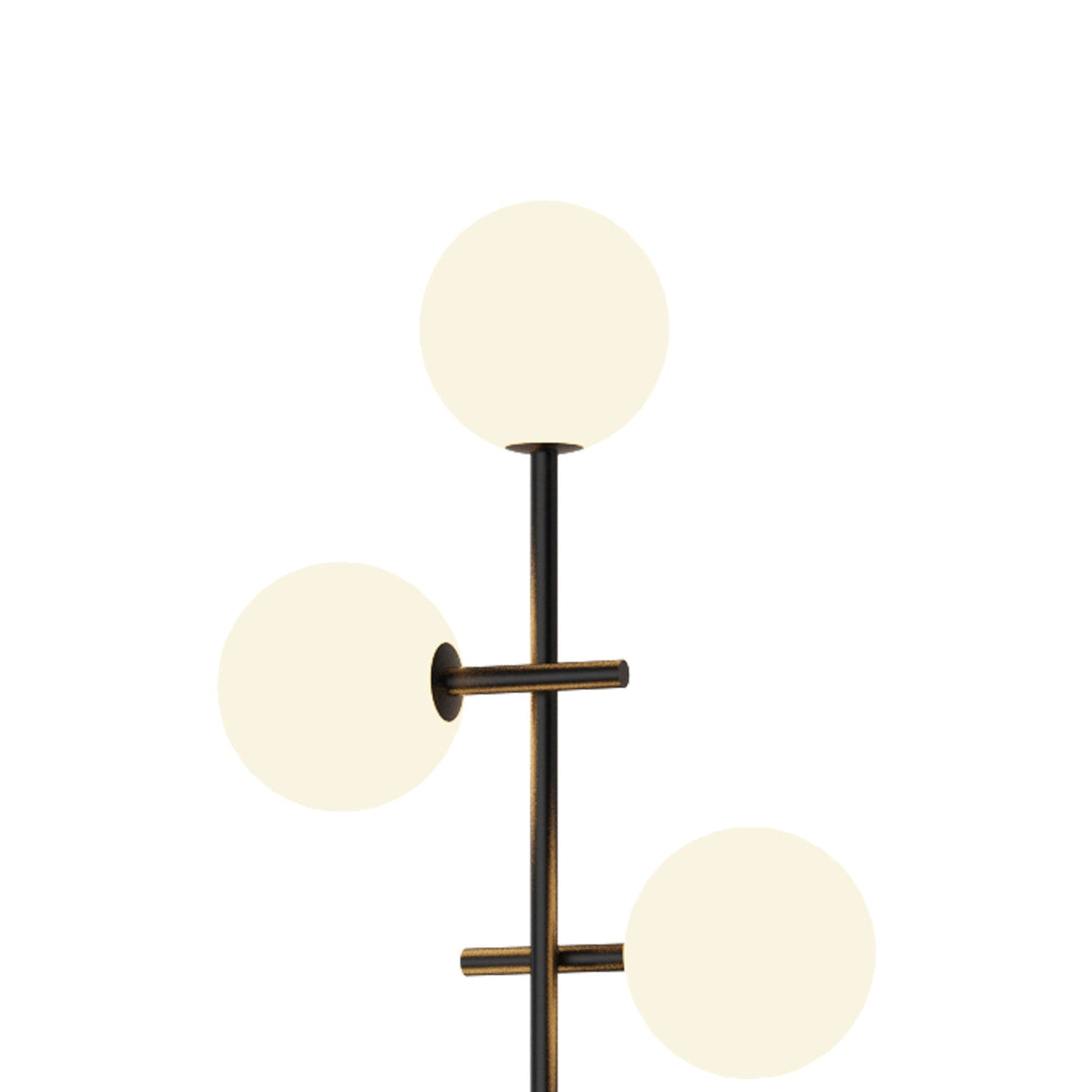 The Cellar LED Floor Lamp 5W 4000K in black features three round, frosted glass globes on a sleek black and brass pole, offering soft ambient lighting—perfect for modern interiors.