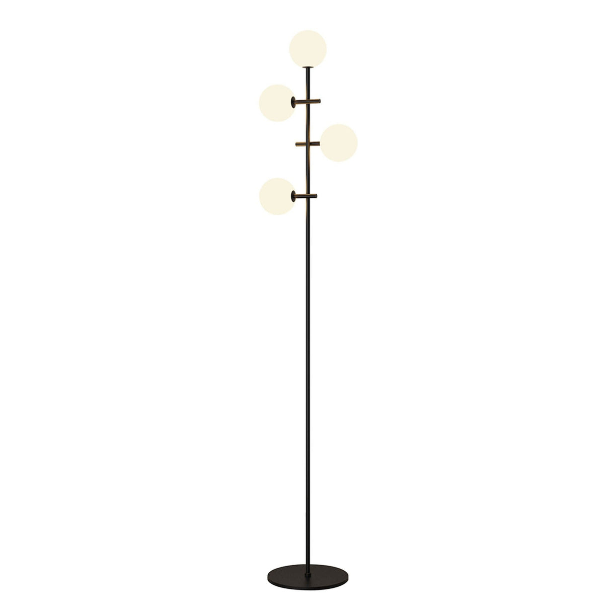 The Cellar LED Floor Lamp 5W 4000K in black features a slim stand and four asymmetrically placed frosted glass globes on short arms. This dimmable floor lamp adds versatile, modern lighting and style to any room.