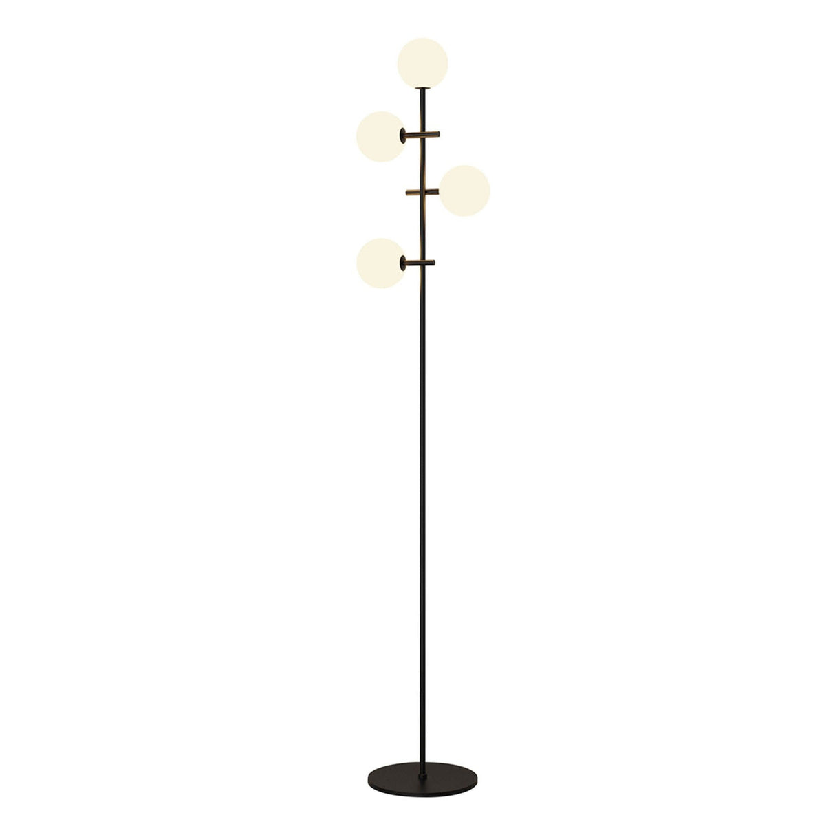 The Cellar LED Floor Lamp 5W 3000K in black features a slim stand with four asymmetrically arranged white glass globes, offering modern style and dimmable, elegant lighting ideal for any space.