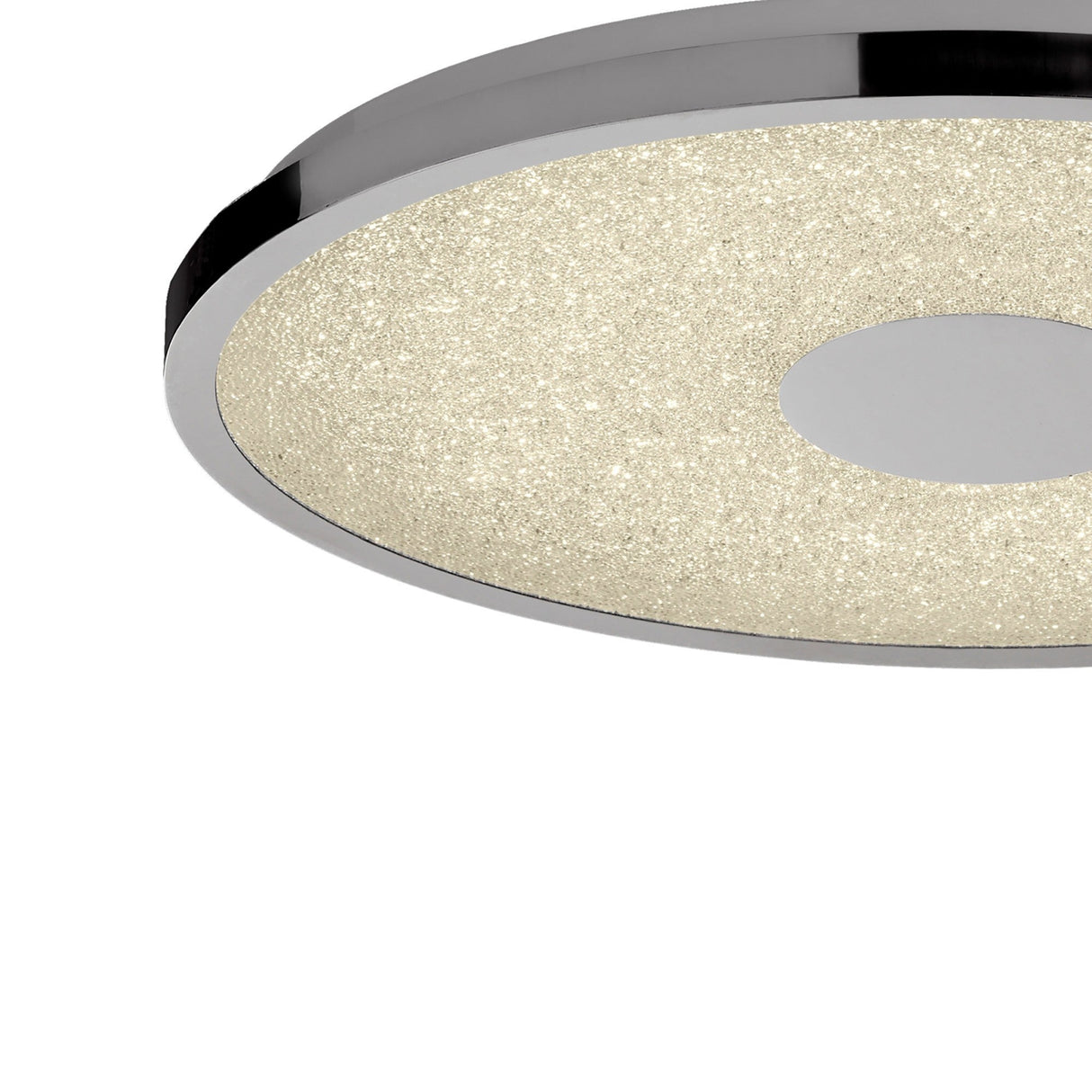 Mantra Centara 380mm flush ceiling light shown close-up with polished chrome circular frame and crystalline textured diffuser around a central chrome disc.