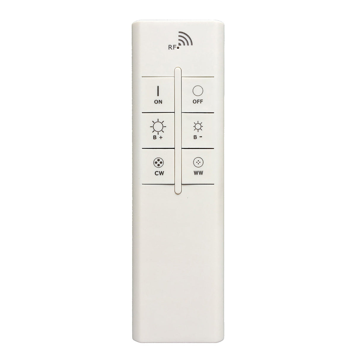 White RF remote control for Mantra Centara CCT LED flush ceiling light, with on/off, brightness and cool/warm white tuning buttons, on a white background.