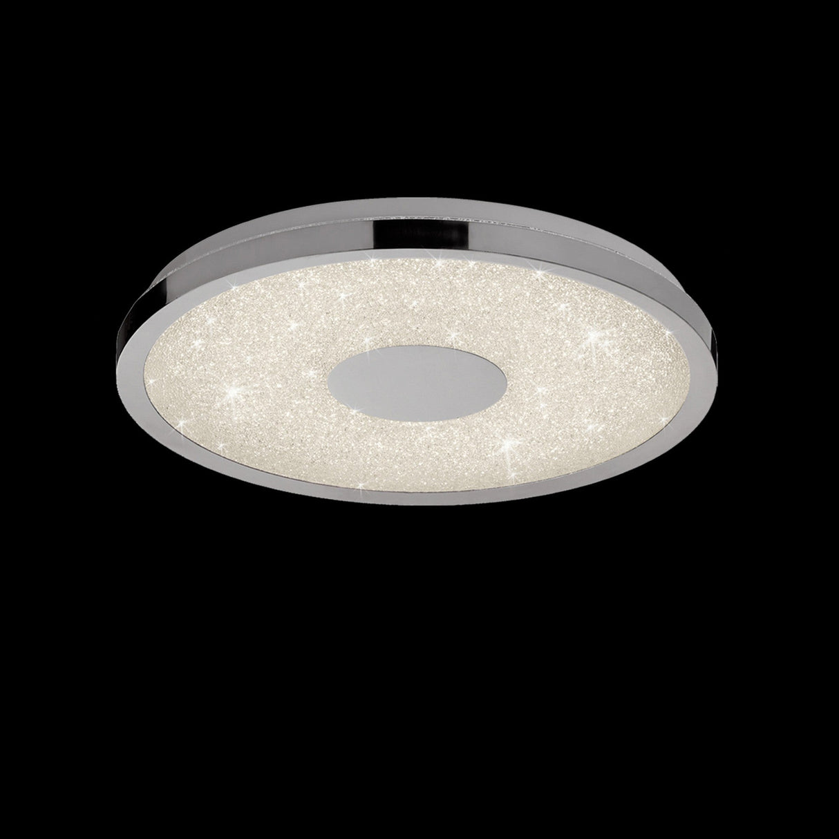 Mantra Centara 380mm round flush ceiling light with polished chrome frame and crystalline textured acrylic diffuser, shown on a black background.