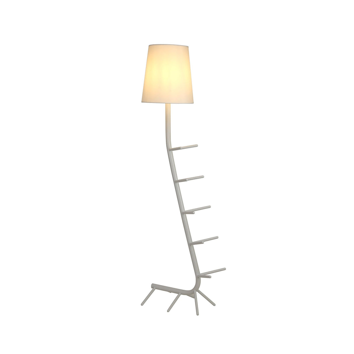 The Centipede 1 Light Floor Lamp features a sculptural white stand and a glowing white shade, creating a modern, eye-catching look against a plain white background.