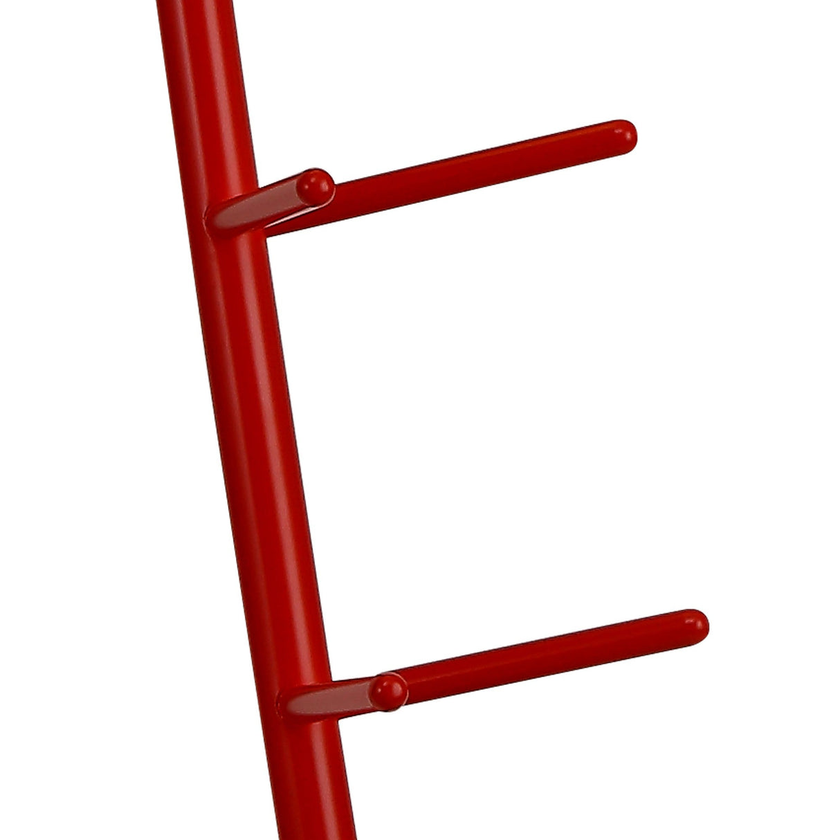 A close-up of the Centipede 1 Light Floor Lamp in red with a white shade, featuring two horizontal pegs on the right, highlights its modern design against a white background.