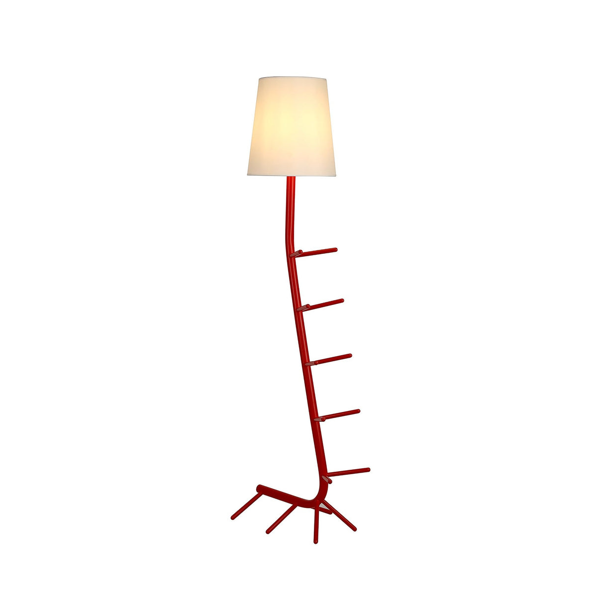 The Centipede 1 Light Floor Lamp features a modern design with a white shade and a unique red stand reminiscent of tree branches or coral, supported by three pronged feet.