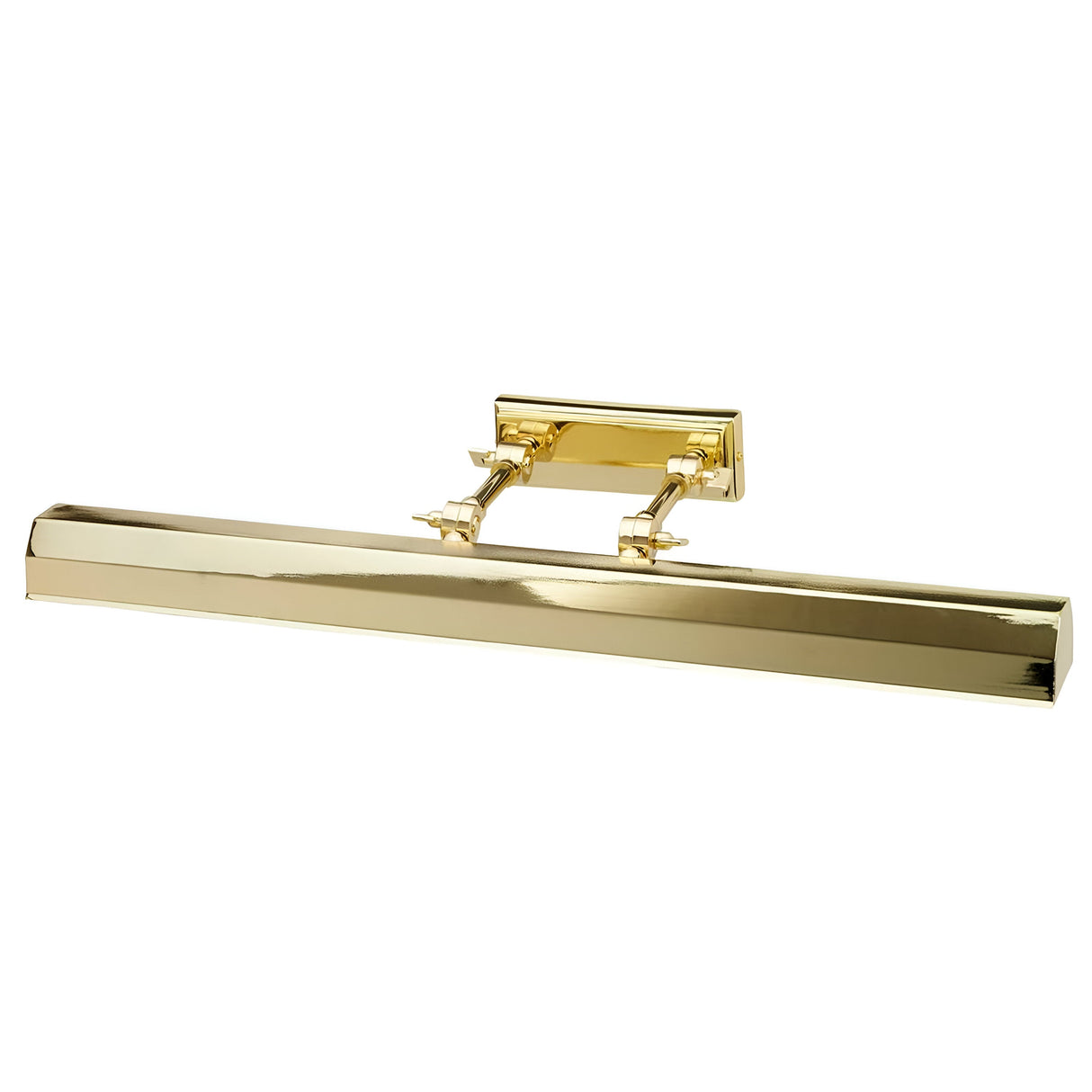 The Chawton Large Picture Light - Polished Brass features a sophisticated design with a rectangular shade and adjustable knuckle joints, mounted on a compact rectangular base for easy installation above picture frames or artworks.