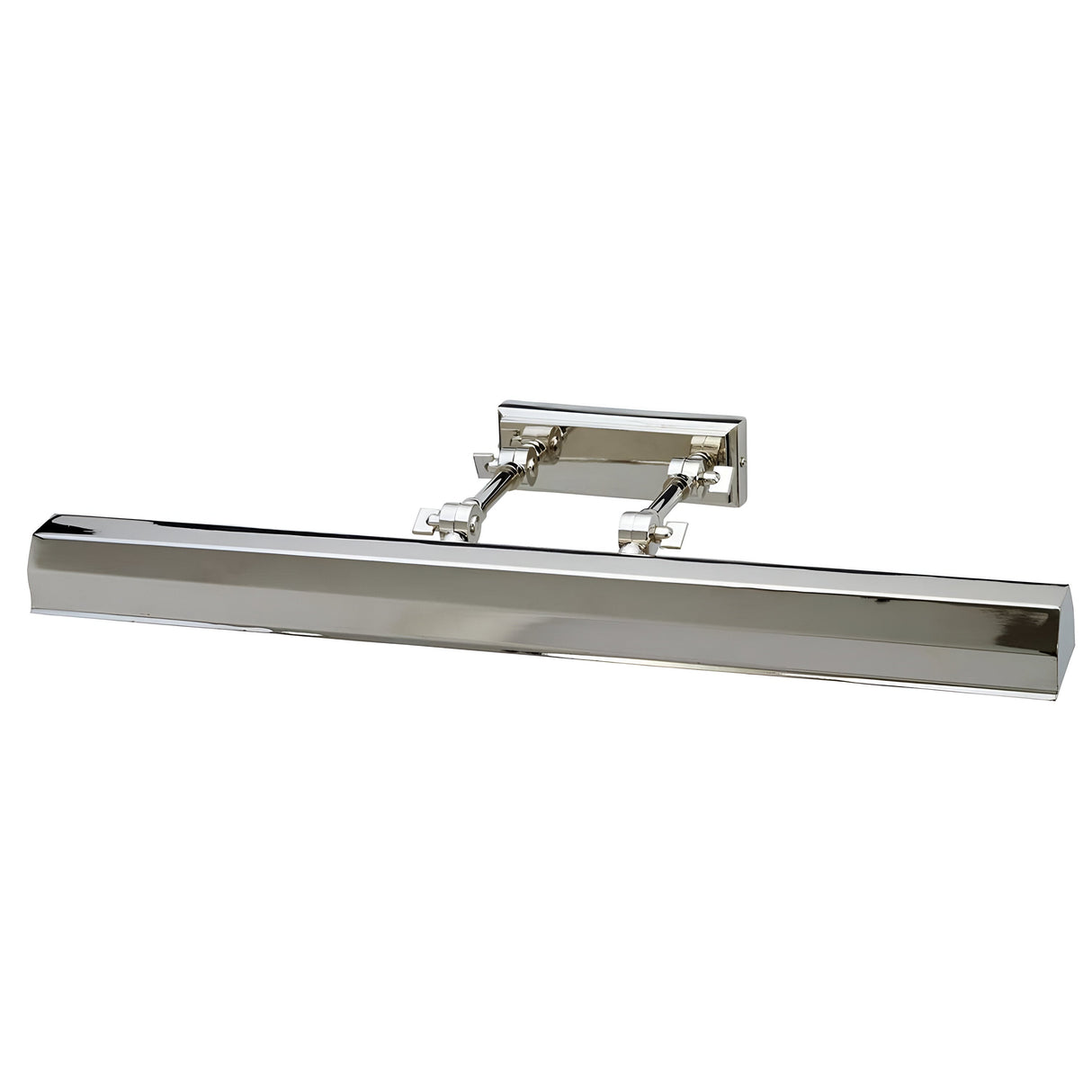 Introducing the Chawton Large Picture Light in polished nickel, featuring a sleek, modern design with a rectangular base and adjustable arms. This wall-mounted light is crafted to illuminate artwork or photographs, showcasing its elegant polished metallic finish.