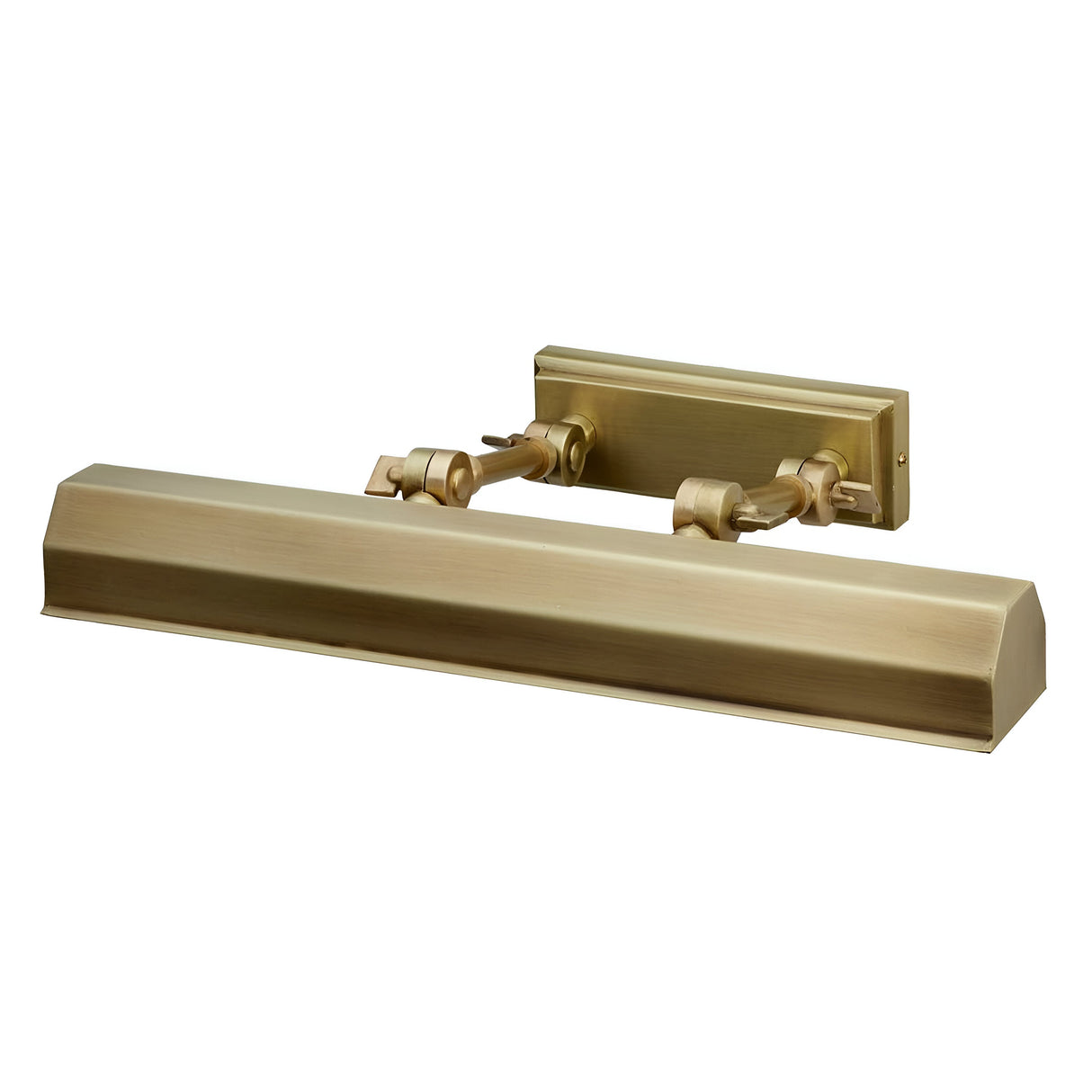 Introducing the Chawton Medium Picture Light in aged brass, featuring a rectangular base and adjustable knuckle joints. This fixture offers a sleek design, ideal for highlighting artwork or photos on your wall.