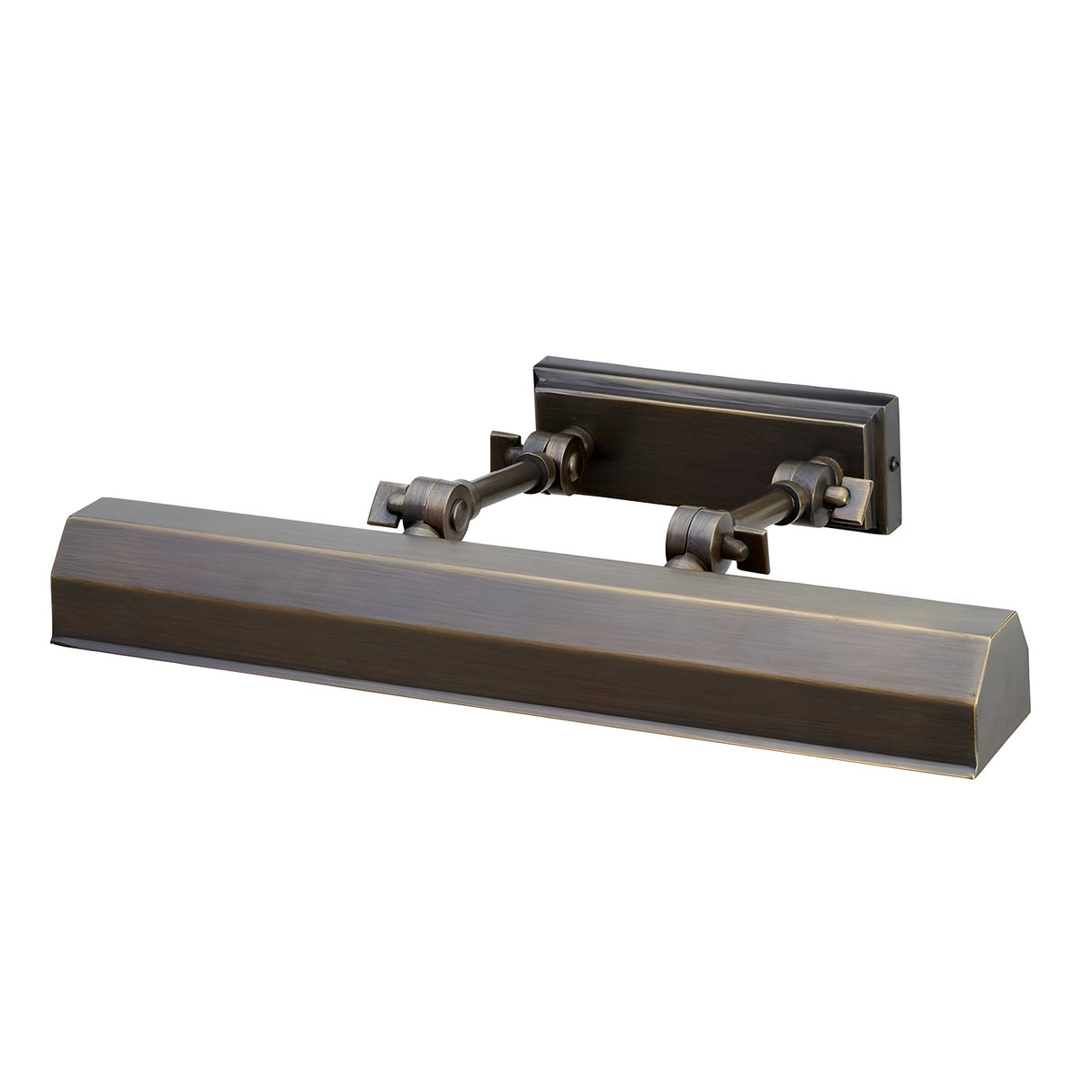 The Chawton Medium Picture Light in Dark Bronze is a wall-mounted metallic fixture featuring a rectangular shade and adjustable arms, making it ideal for illuminating artwork with a vintage touch.