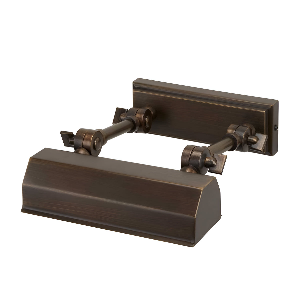 A vintage-inspired dark bronze dual wall light, boasting adjustable knuckle joints and two intricately designed rectangular shades on the mounting bars. Perfect for indoor settings, it reflects the elegance of the Chawton Small Picture Light - Dark Bronze.