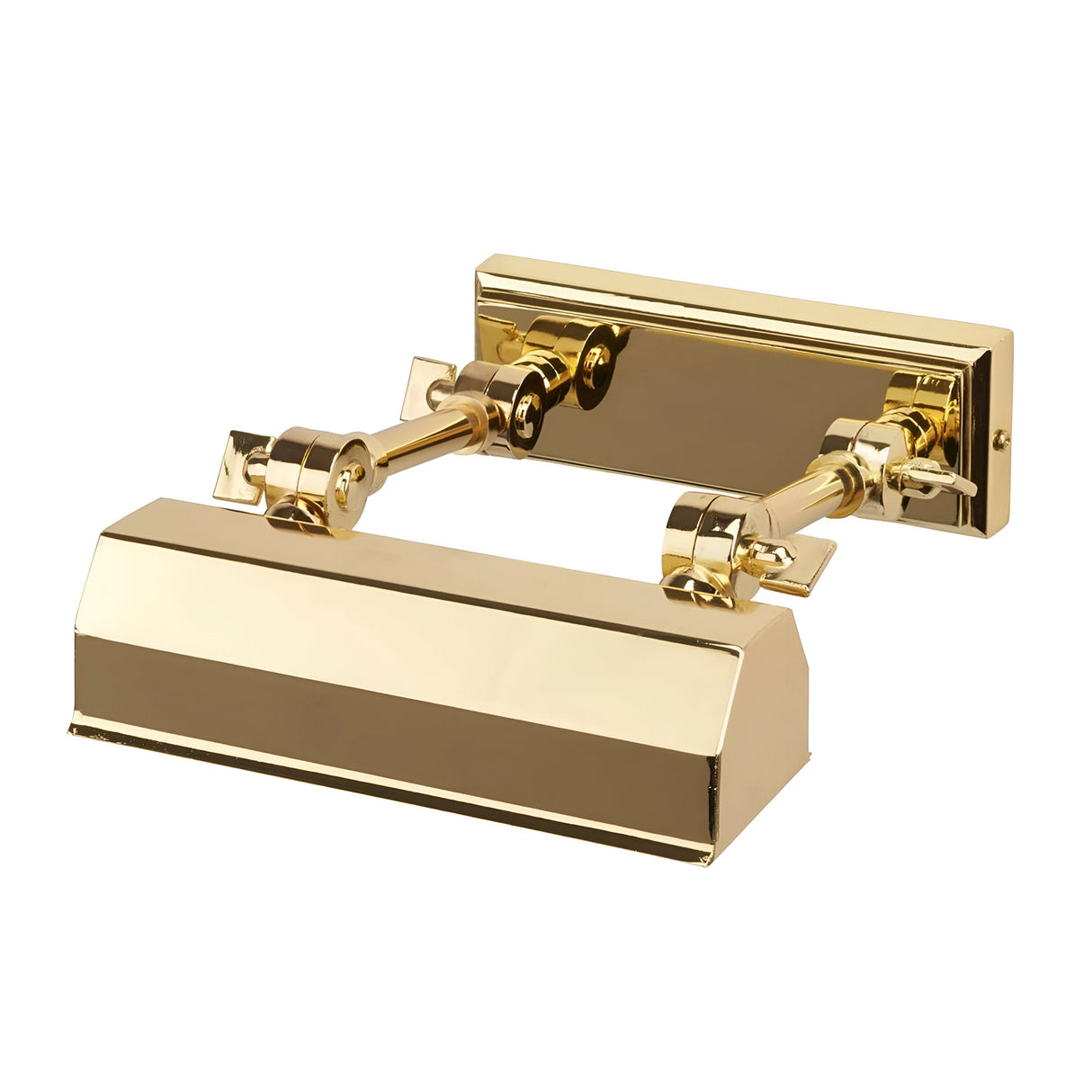 The Chawton Small Picture Light - Polished Brass is a sleek art fixture crafted from gold-colored metal. It features adjustable knuckle joints and a rectangular base, complemented by an adjustable rectangular shade. Designed for wall mounting, this piece brings an elegant touch to any room.