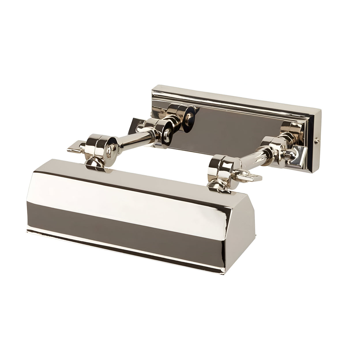 The Chawton Small Picture Light - Polished Nickel is a contemporary wall-mounted fixture featuring a sleek rectangular design. It includes an adjustable arm and polished nickel finish with adjustable knuckle joints, making it perfect for highlighting artworks or photographs.