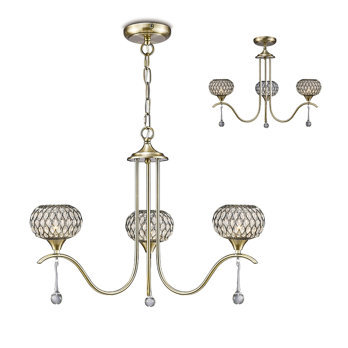 Chelsie 56cm 3 Light Clear Beaded Glass Chandelier - Antique Brass