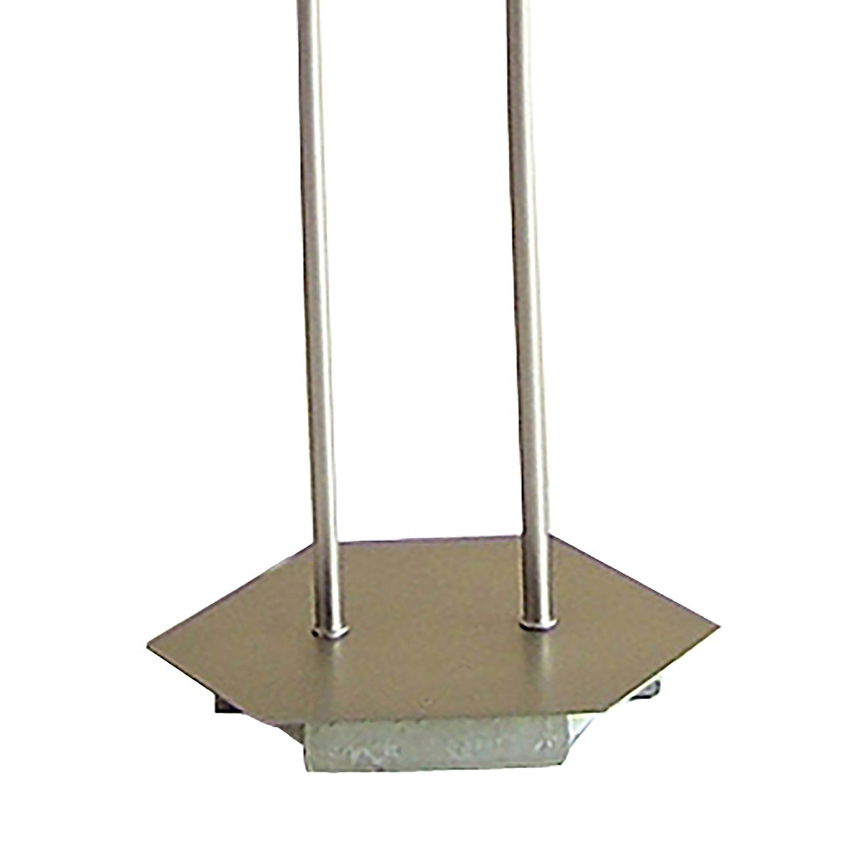 The Chievo 2 Light Frosted Glass Floor Lamp in Satin Chrome features a metallic hexagonal plate with two vertical rods on a rectangular base, capturing the sleek lines of modern design.