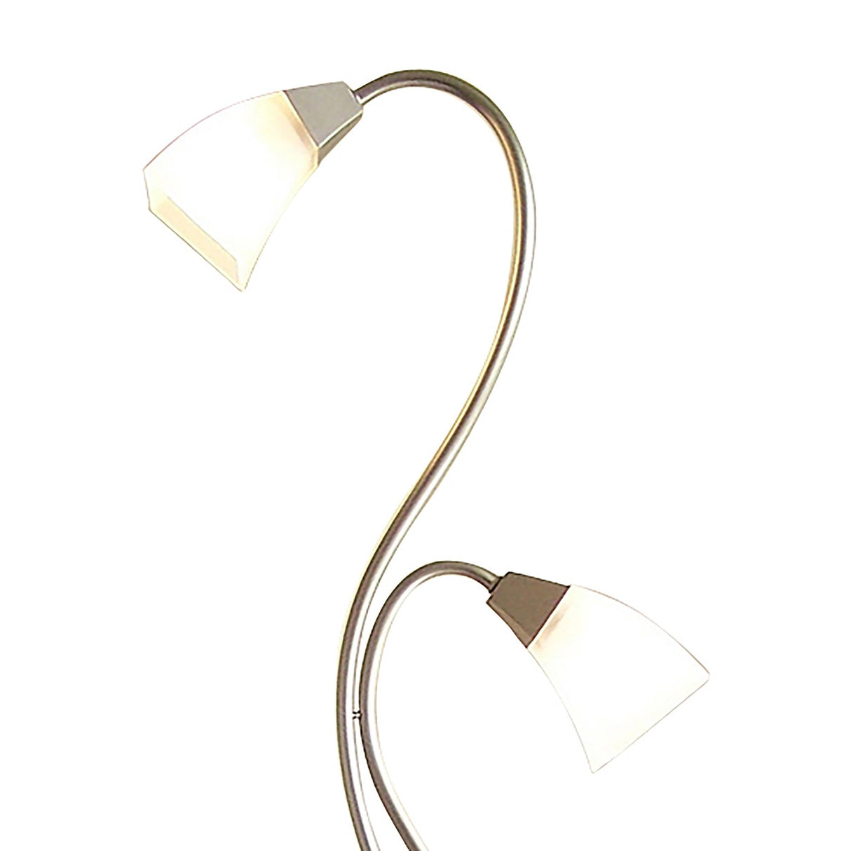 The Chievo 2 Light Frosted Glass Floor Lamp in satin chrome has two curved silver metal arms, each with a frosted white shade, illuminating both lights for a modern look.