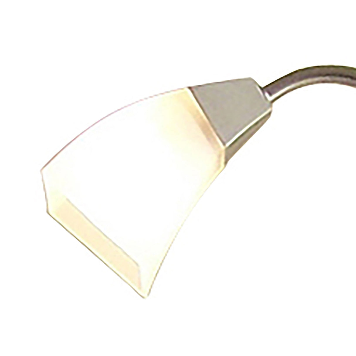 A close-up of the Chievo 2 Light Frosted Glass Floor Lamp in satin chrome, featuring a modern curved metallic arm and frosted glass shades, illuminated against a white background.