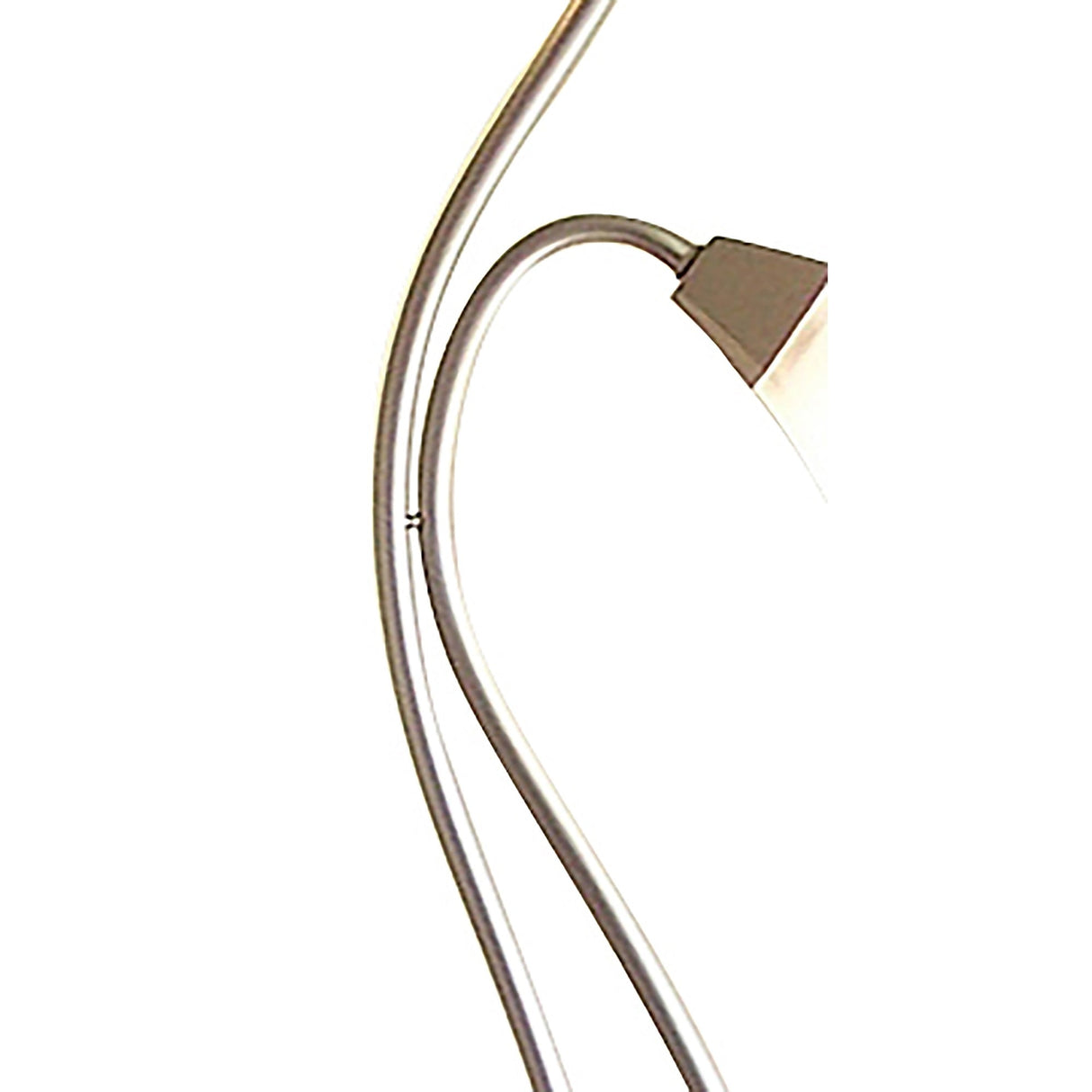 Close-up of the Chievo 2 Light Frosted Glass Floor Lamp in satin chrome, featuring two curved metal rods and a rectangular frosted glass light fixture, set against a white background.