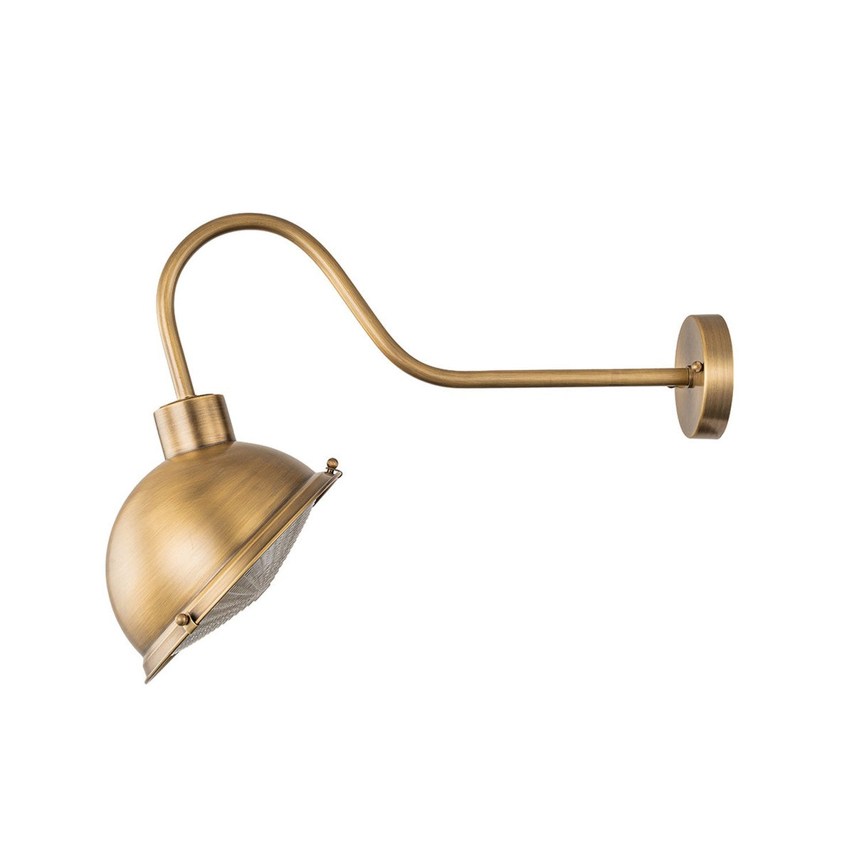 The Chiswick Outdoor Brass Wall Light - Antique Brass is a vintage-inspired fixture with a curved arm and dome-shaped shade. Its antique brass design seamlessly combines industrial style with a round base plate, creating a timeless addition to any space.