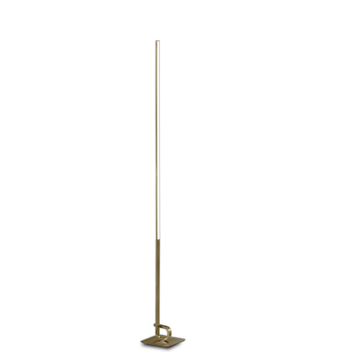 The Cinto Dimmable LED Floor Lamp 20W 3000K in Antique Brass features a slim, tall pole and square base with a minimalist metallic design, ideal for contemporary interiors.