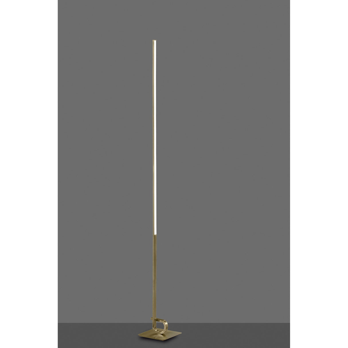 The Cinto Dimmable LED Floor Lamp 20W 3000K in antique brass features a slim profile, square base with ring detail, and is ideal for contemporary spaces, shown here against a plain gray background.