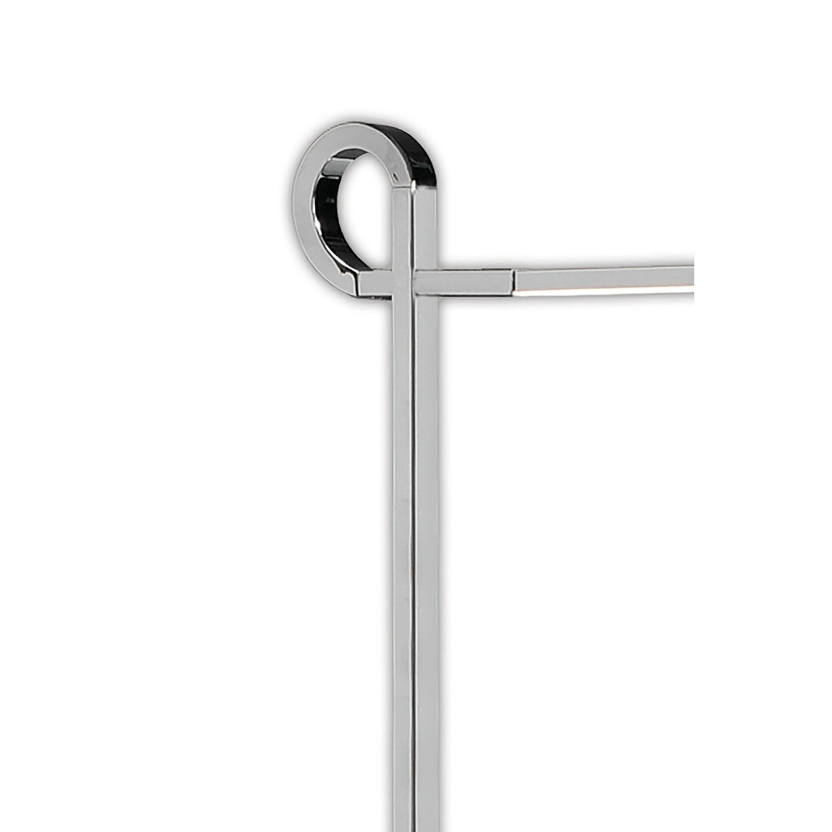 Close-up of a chrome towel rack with circular wall mount and double bars, styled alongside the Cinto Dimmable LED Floor Lamp 7W 3000K - Polished Chrome, all set against a white background.