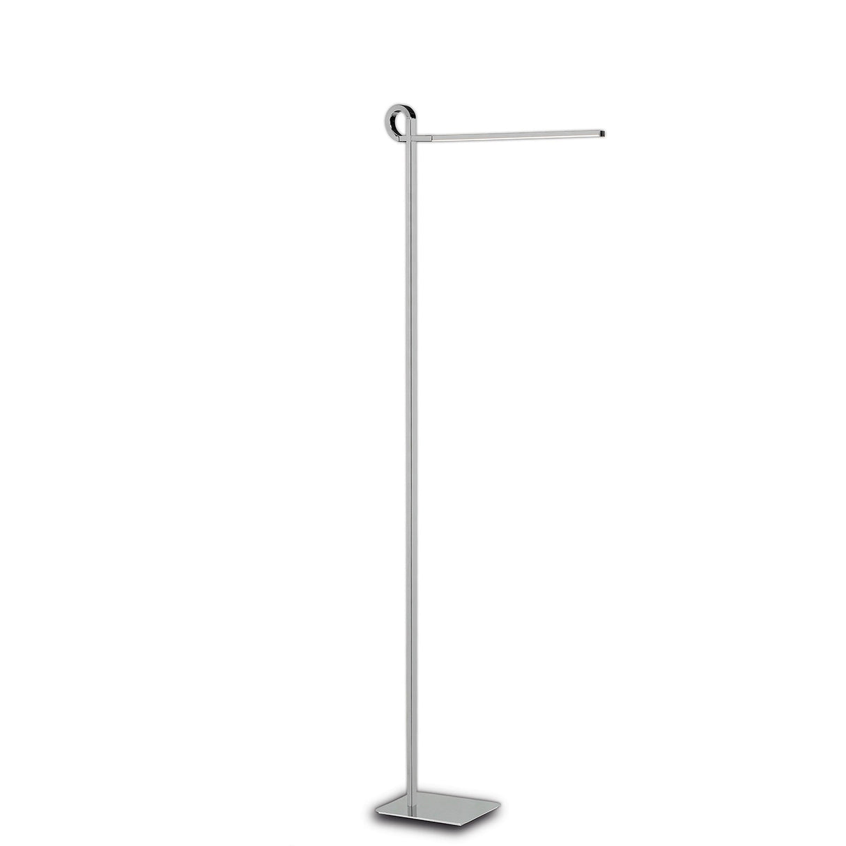 Cinto Dimmable LED Floor Lamp 7W 3000K in polished chrome features a slim vertical pole, horizontal top arm, and flat rectangular base on a white background.