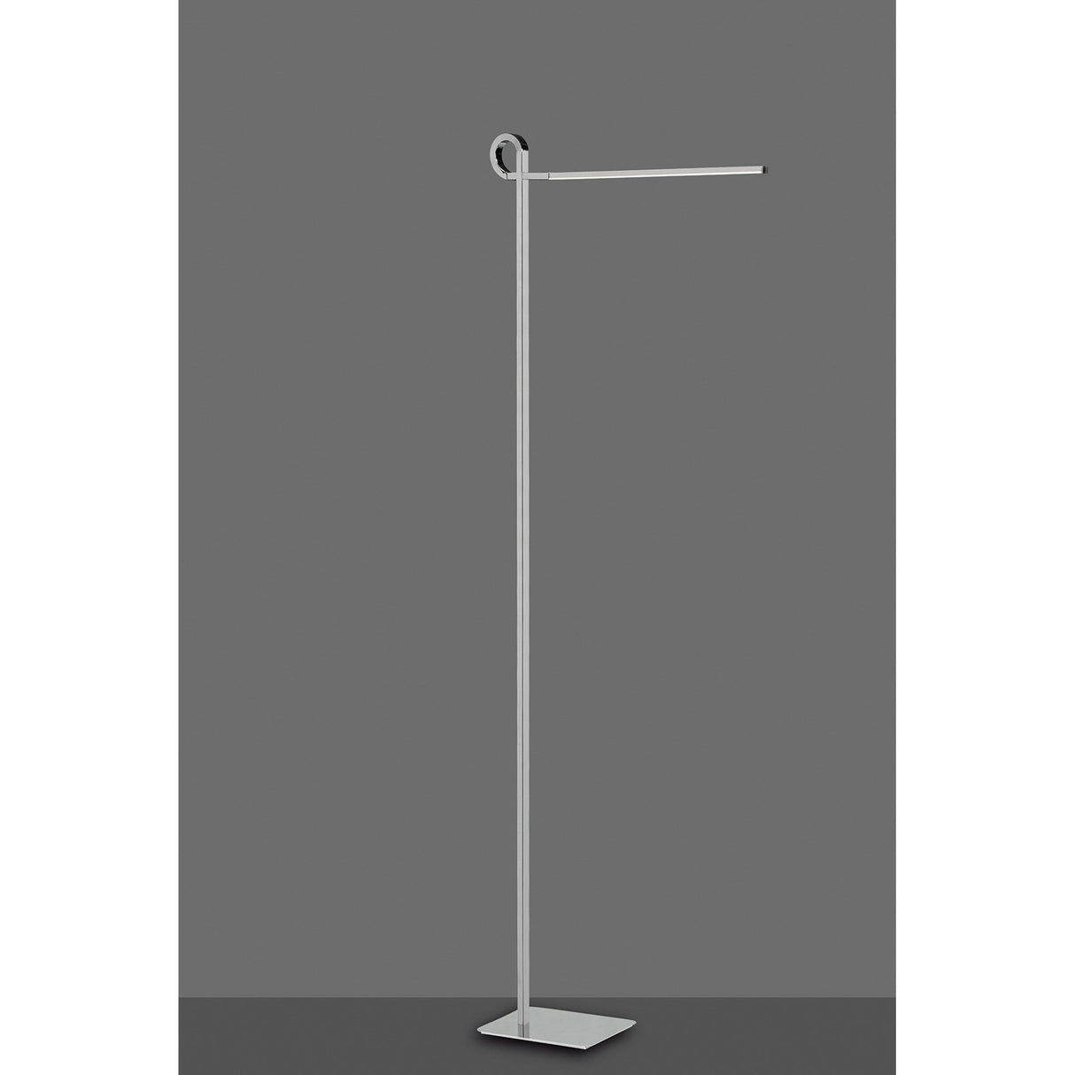 The Cinto Dimmable LED Floor Lamp 7W 3000K features a slim vertical pole, horizontal arm, polished chrome finish, and rectangular base, shown against a plain gray background.