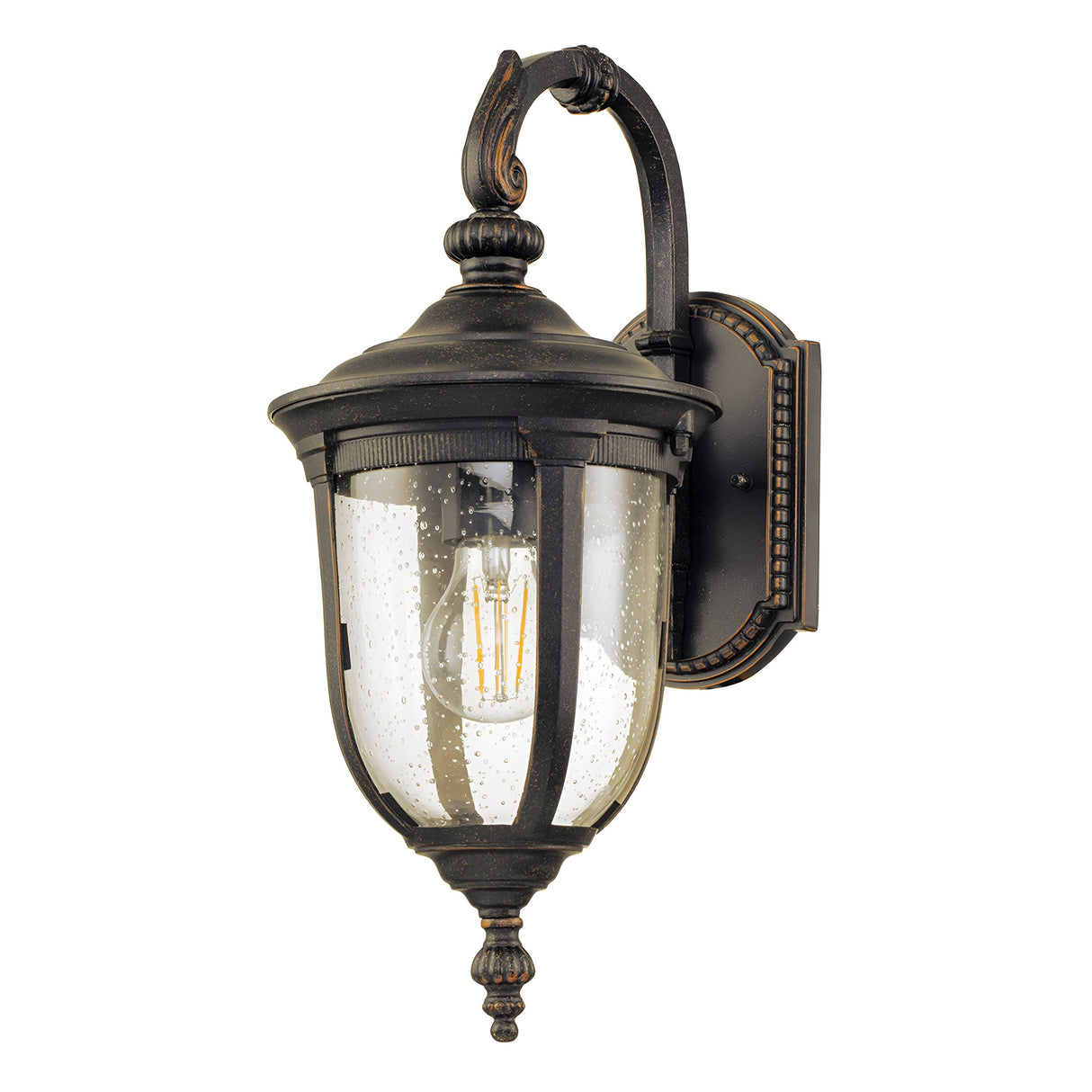 The Cleveland-2 Outdoor Small Wall Lantern in weathered bronze features a vintage-style design with a black finish, making it perfect as a small outdoor wall light. It comes with a clear glass shade that has a speckled texture for added antique charm. The visible bulb is mounted on decorative backing with intricate design accents and an IP44 rating ensures its durability.