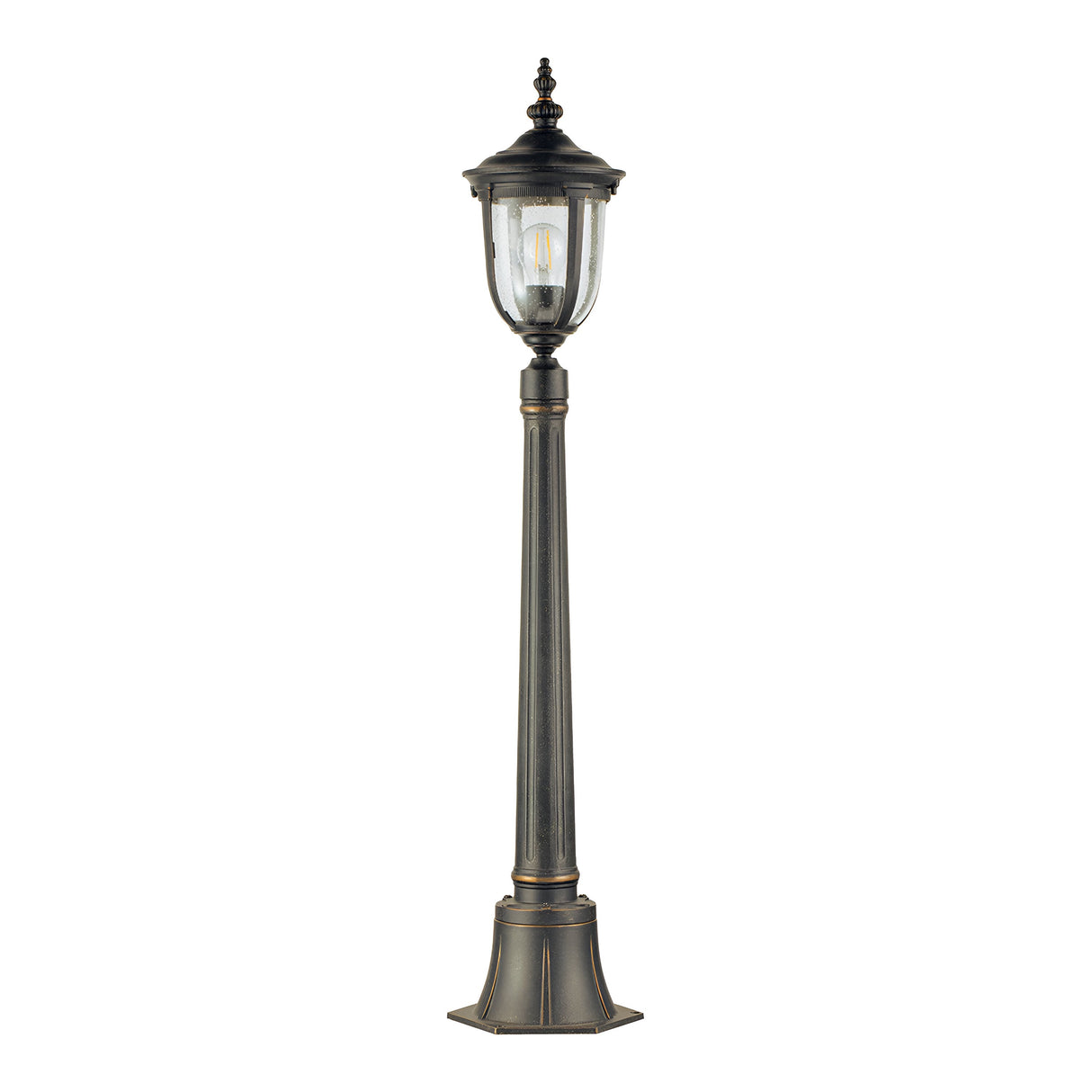 The Cleveland Small Pillar Lantern in a weathered bronze finish adds a timeless touch to your outdoor space, featuring a glass‐enclosed bulb and a tall, slim profile. Its classic lantern top and sturdy base make it an elegant addition to any outdoor lighting setup.