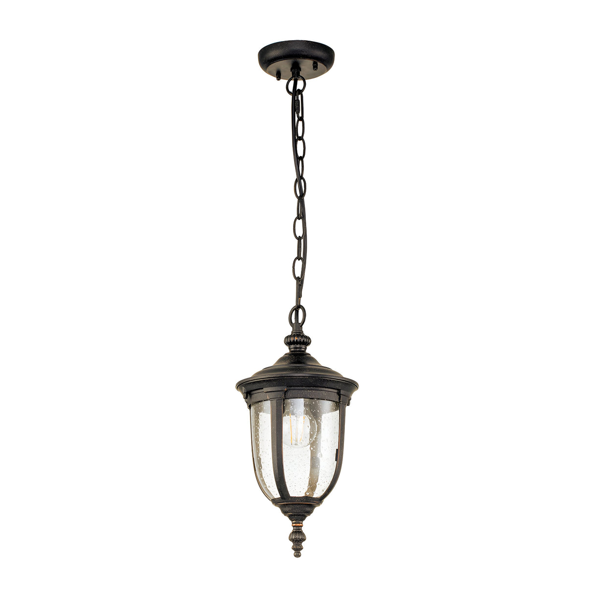 Introducing the Cleveland Outdoor 1 Light Small Chain Pendant in Weathered Bronze, this vintage-style hanging lantern boasts clear glass panels and is completed with an elegant decorative finial at the bottom.