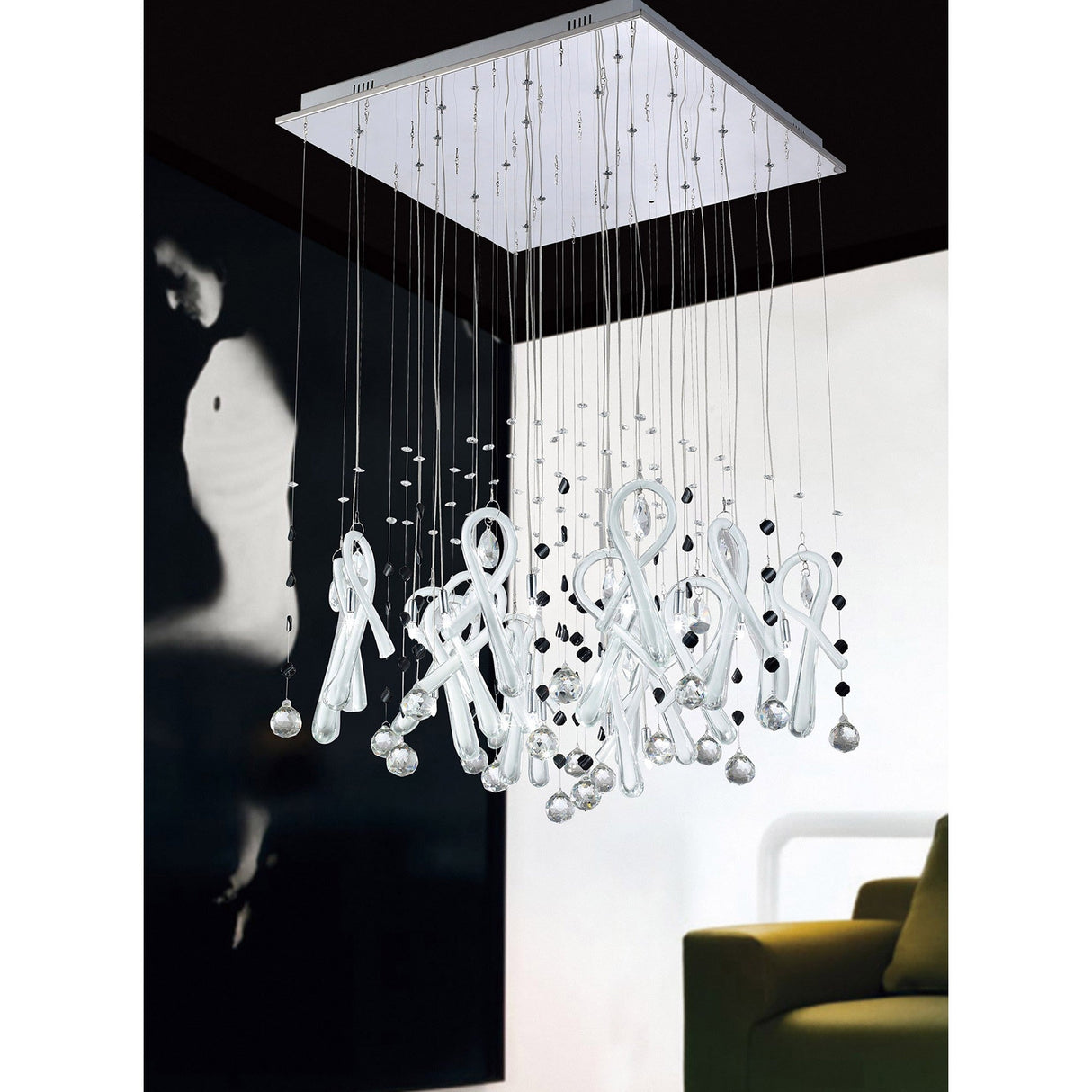 Class 20 Light Square Glass & Crystal Cluster Pendant Light - Chrome & White