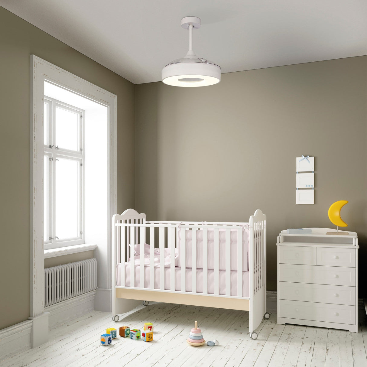 Coin Mini CCT Dimmable LED Ceiling Retractable Fan Light With Remote & APP Control - White