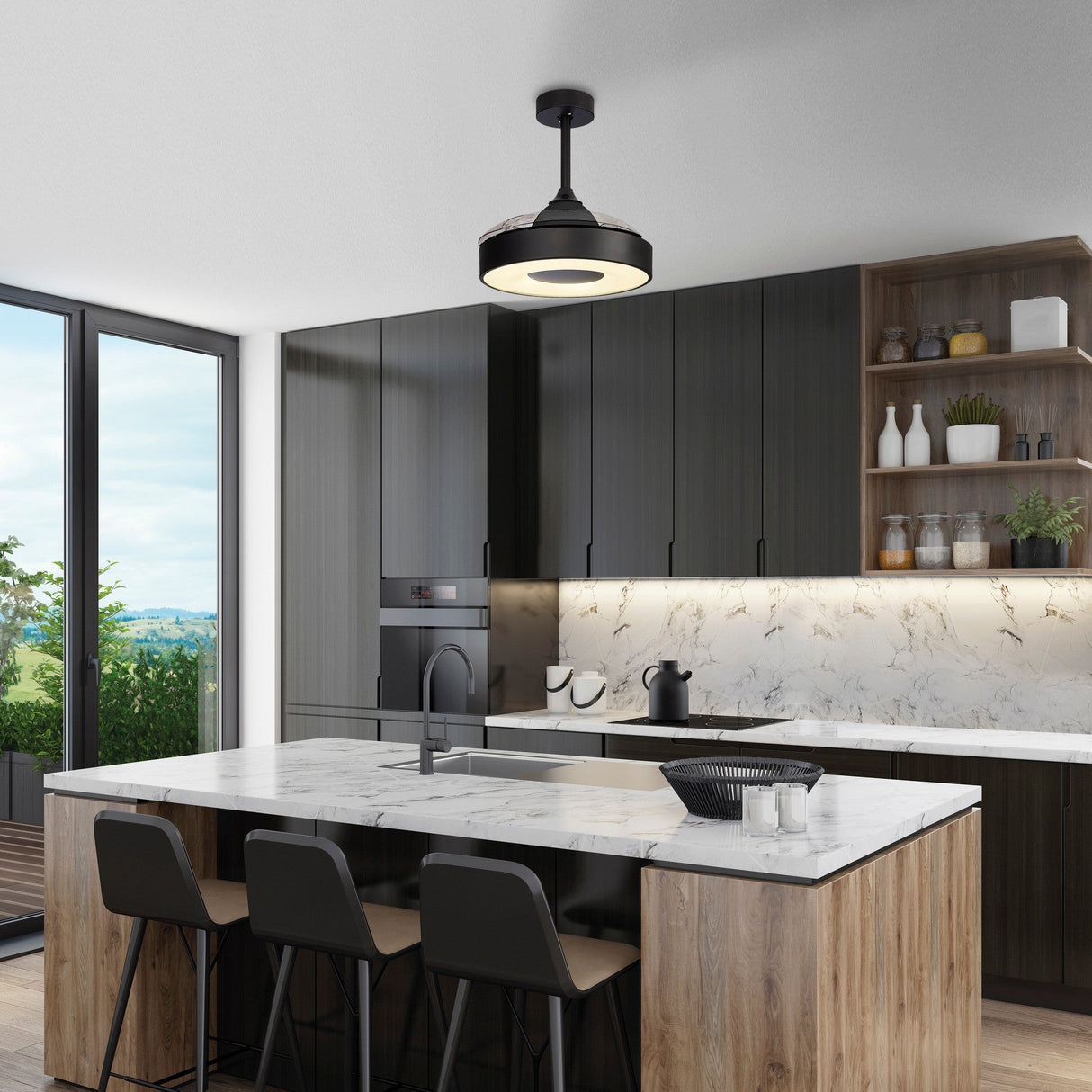 Coin Mini CCT Dimmable LED Ceiling Retractable Fan Light With Remote & APP Control - Black