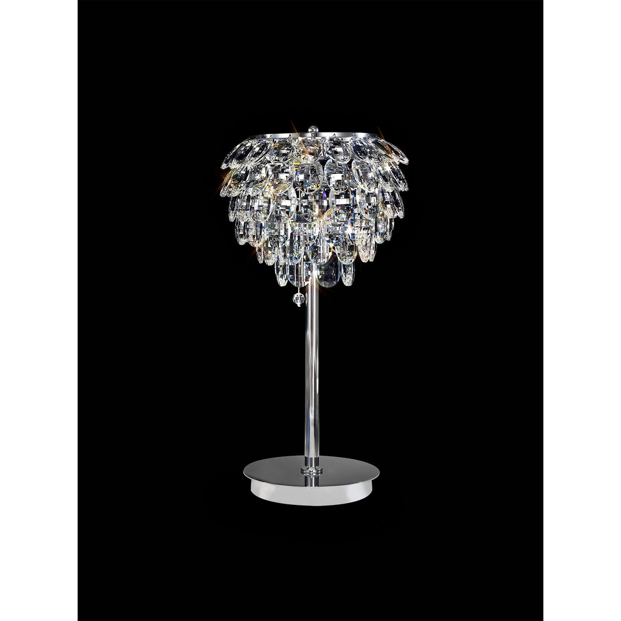 The Coniston 2 Light Crystal Table Lamp in polished chrome features a shiny base and stand, with layered crystal-effect pendants for a striking contemporary luxury look against a solid black background.