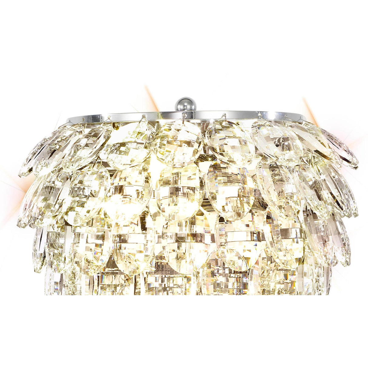 Close-up of the Coniston 2 Light Crystal Table Lamp in polished chrome, featuring clear faceted crystals in layered design that exudes contemporary luxury and emits a bright, warm glow.