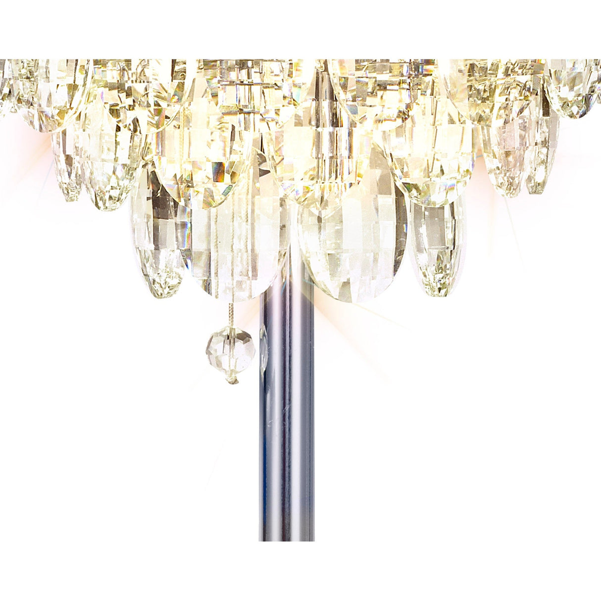 The Coniston 2 Light Crystal Table Lamp in polished chrome features oval crystals on a reflective pole, emitting bright light that highlights its contemporary luxury and creates sparkling reflections.