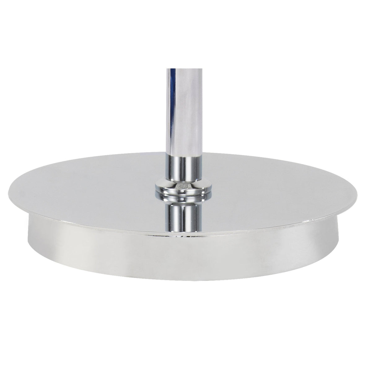 A close-up of the Coniston 2 Light Crystal Table Lamp’s polished chrome base with a vertical pole, reflecting light and its surroundings—an exquisite touch of contemporary luxury lighting.