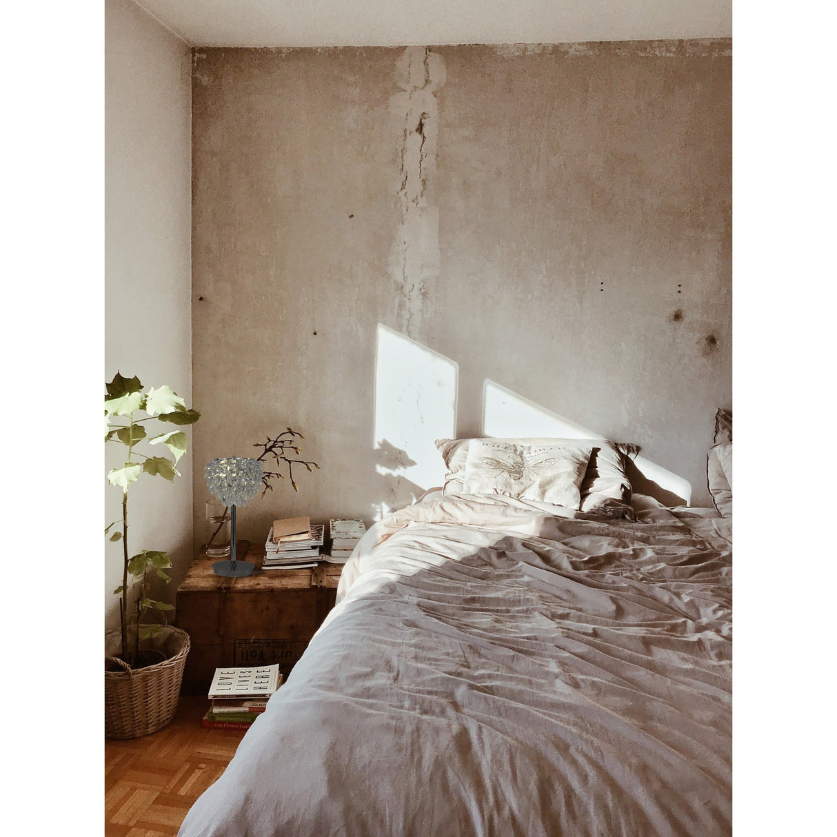 Sunlight fills a cozy bedroom with a rumpled bed, rustic nightstand stacked with books and the Coniston 2 Light Crystal Table Lamp in polished chrome, a potted plant on the floor, and a textured unfinished wall behind the bed.