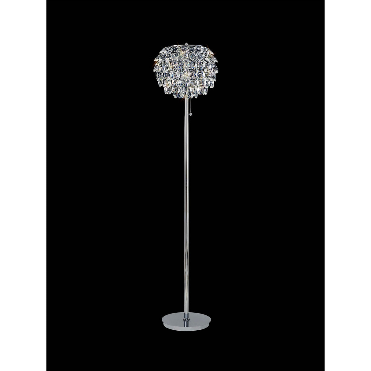 The Coniston 3 Light Crystal Floor Lamp features a polished chrome stand with a dome-shaped shade of hanging crystals, set against a black background—ideal for adding elegant ambient lighting to any room.