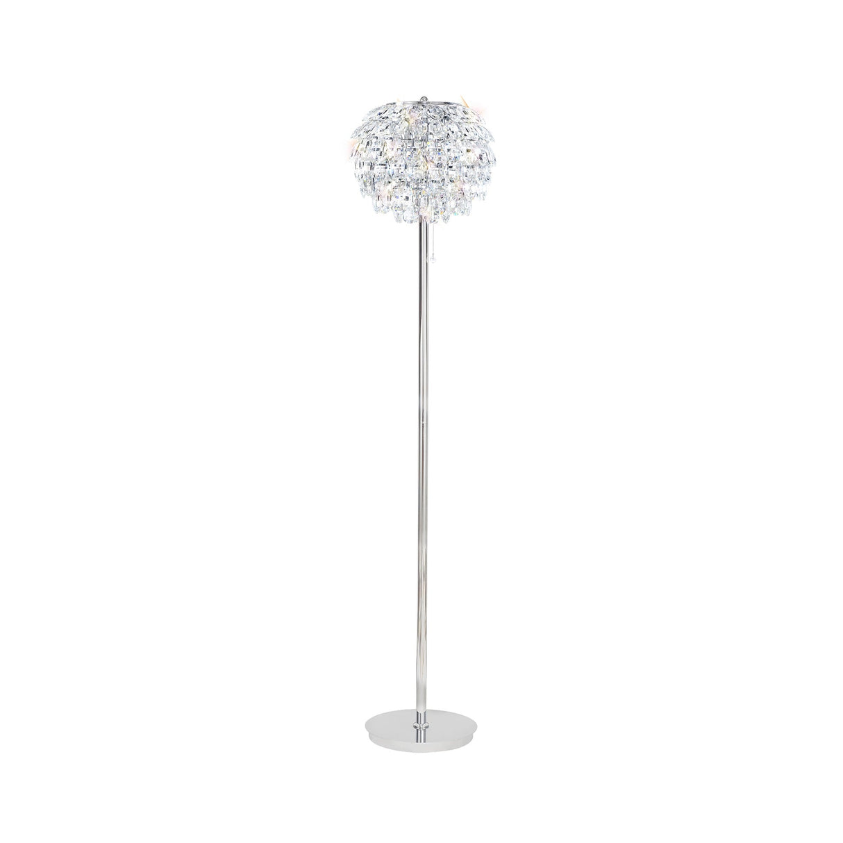 The Coniston 3 Light Crystal Floor Lamp in polished chrome features a slim stand, round base, and a dome-shaped shade made of clear crystal-like pieces for elegant ambient lighting.