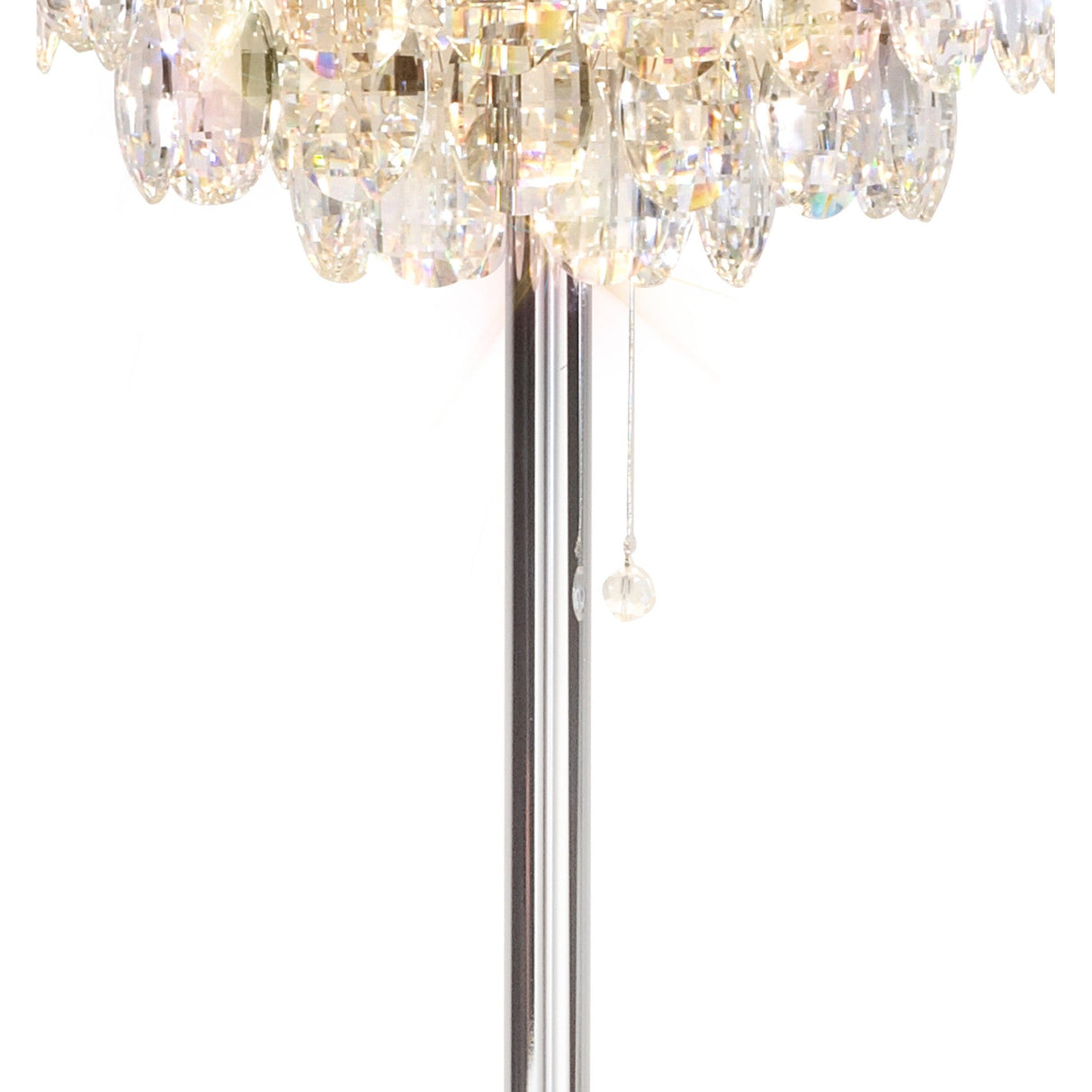 The Coniston 3 Light Crystal Floor Lamp in polished chrome features teardrop crystals, a pull chain, and a sleek metallic pole, offering brilliant ambient lighting against a white background.