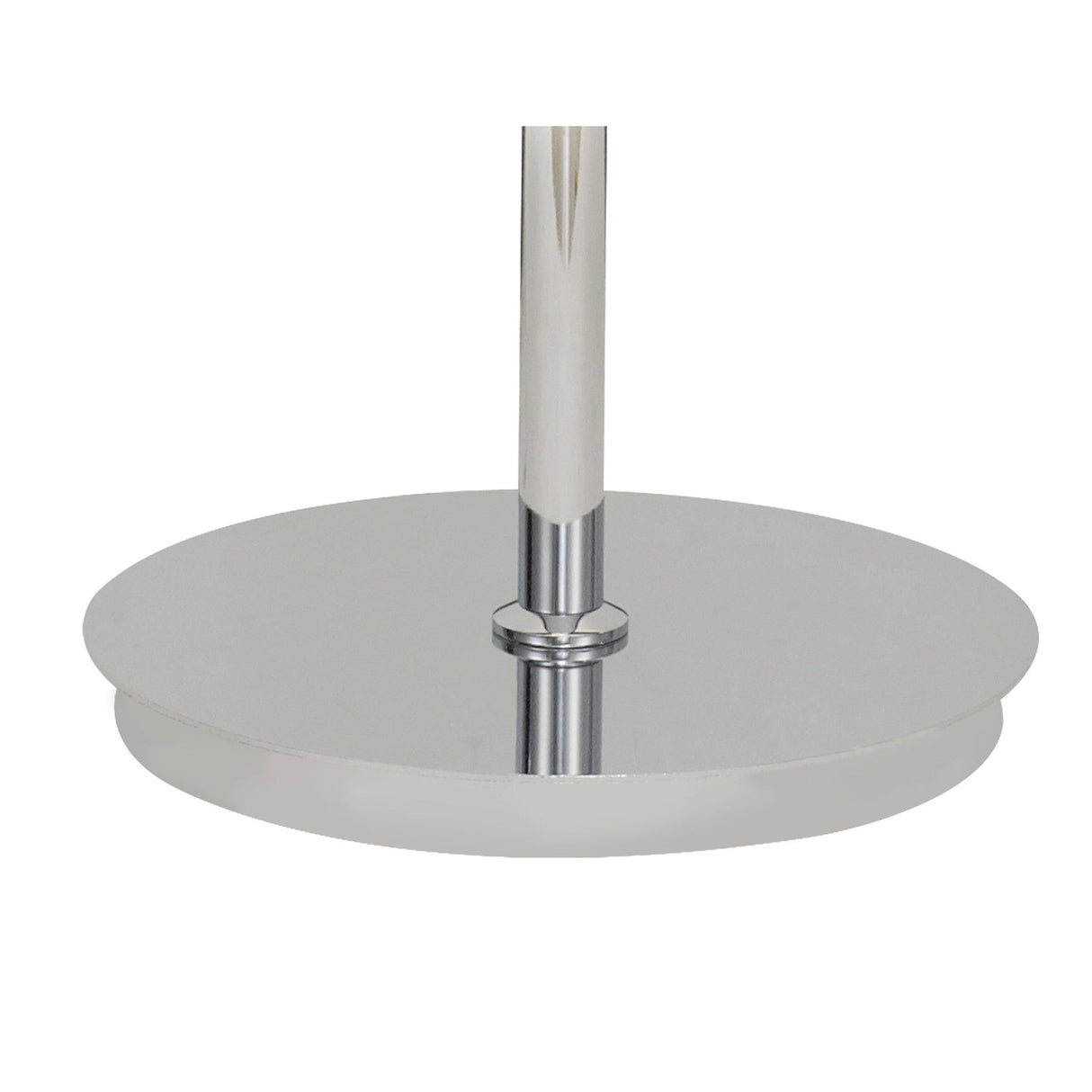 A close-up of the polished chrome base with a central vertical pole of the Coniston 3 Light Crystal Floor Lamp, highlighting its modern design against a white background.