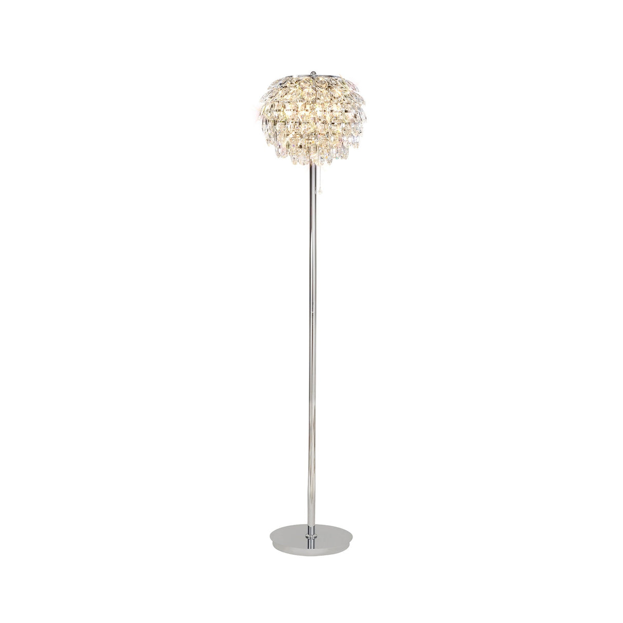 The Coniston 3 Light Crystal Floor Lamp in polished chrome features a tall, slim stand and a round shade with cascading crystal decorations, providing ambient lighting and a warm, soft glow.