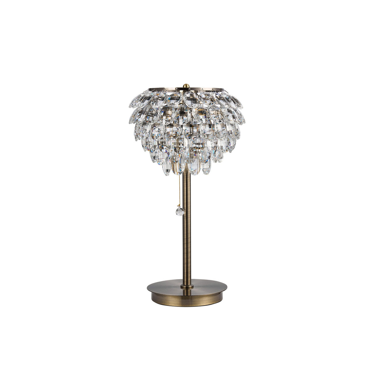 The Coniston 2 Light Crystal Table Lamp - Antique Brass features a brass base and stem, a shade with layered clear crystal droplets, and a convenient pull-chain switch.