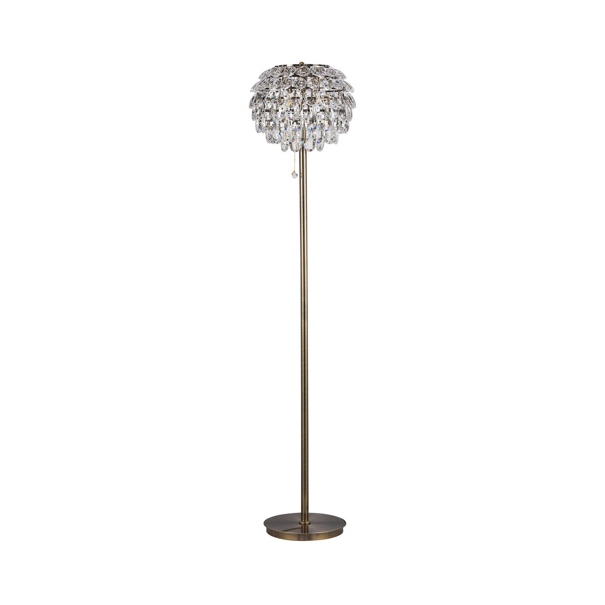 The Coniston 3 Light Crystal Floor Lamp in antique brass features a tall, vintage-inspired design with a dome shade and multiple hanging crystal accents.