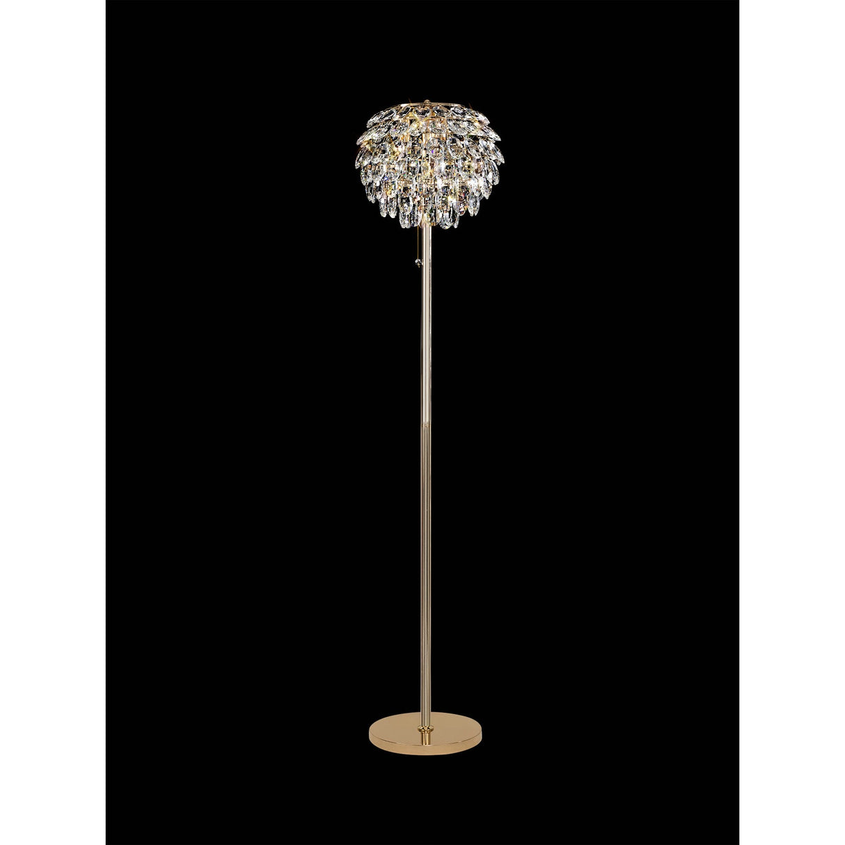 The Coniston 3 Light Crystal Floor Lamp in French Gold features a slim pole, round base, and decorative dome-shaped shade with hanging crystal accents—luxury lighting showcased on a dramatic black background.