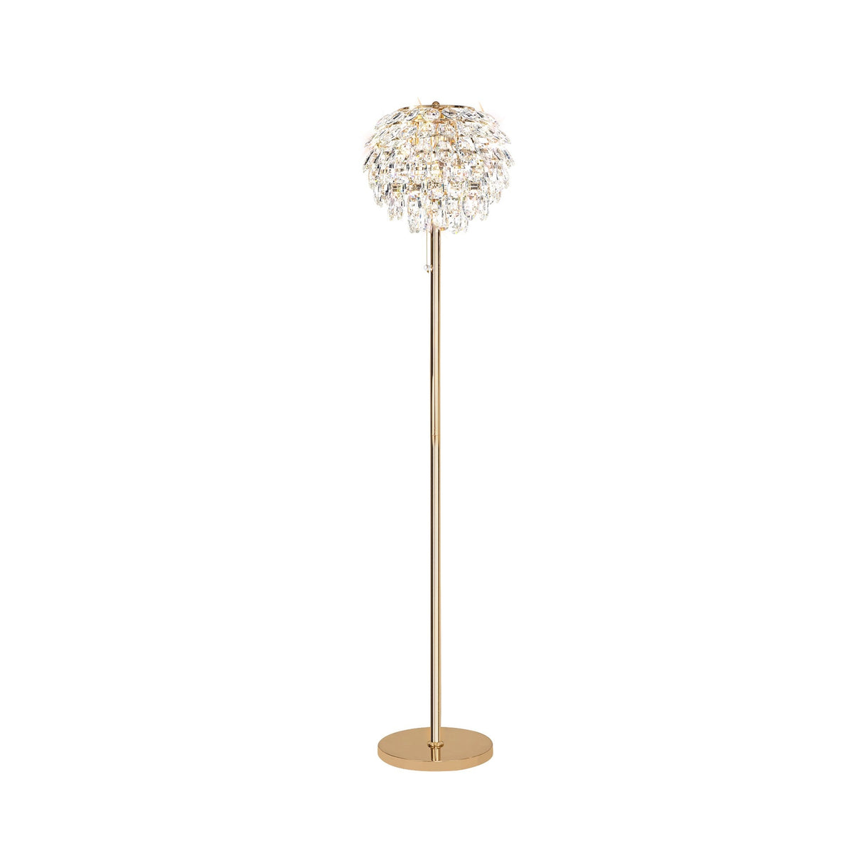 The Coniston 3 Light Crystal Floor Lamp in French Gold features a round base, slender stem, and a decorative shade with layered crystal-like petals—an elegant luxury lighting piece for any sophisticated space.