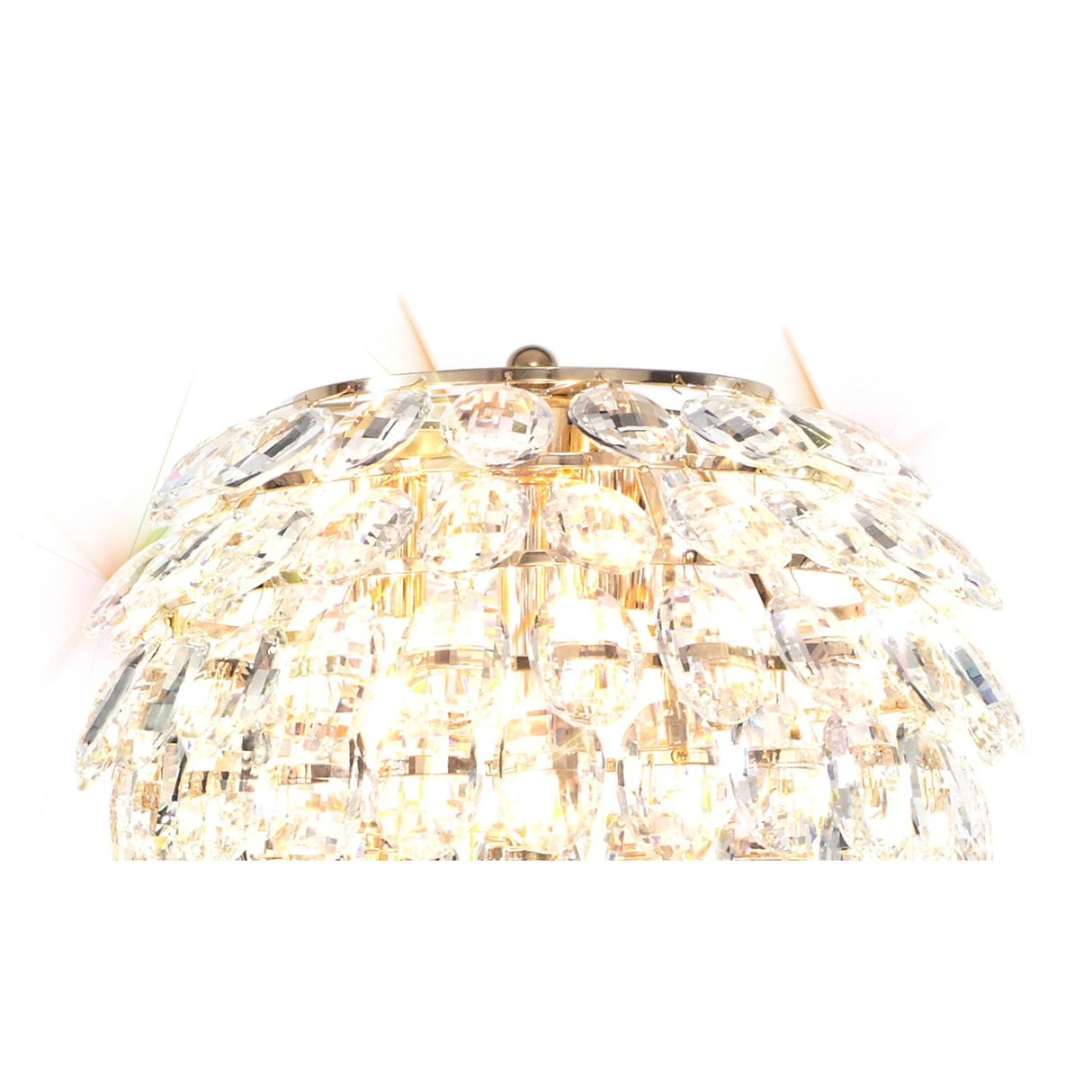 A close-up of the Coniston 3 Light Crystal Floor Lamp in French Gold, featuring multiple layers of sparkling oval-shaped crystals reflecting bright light against a white background.