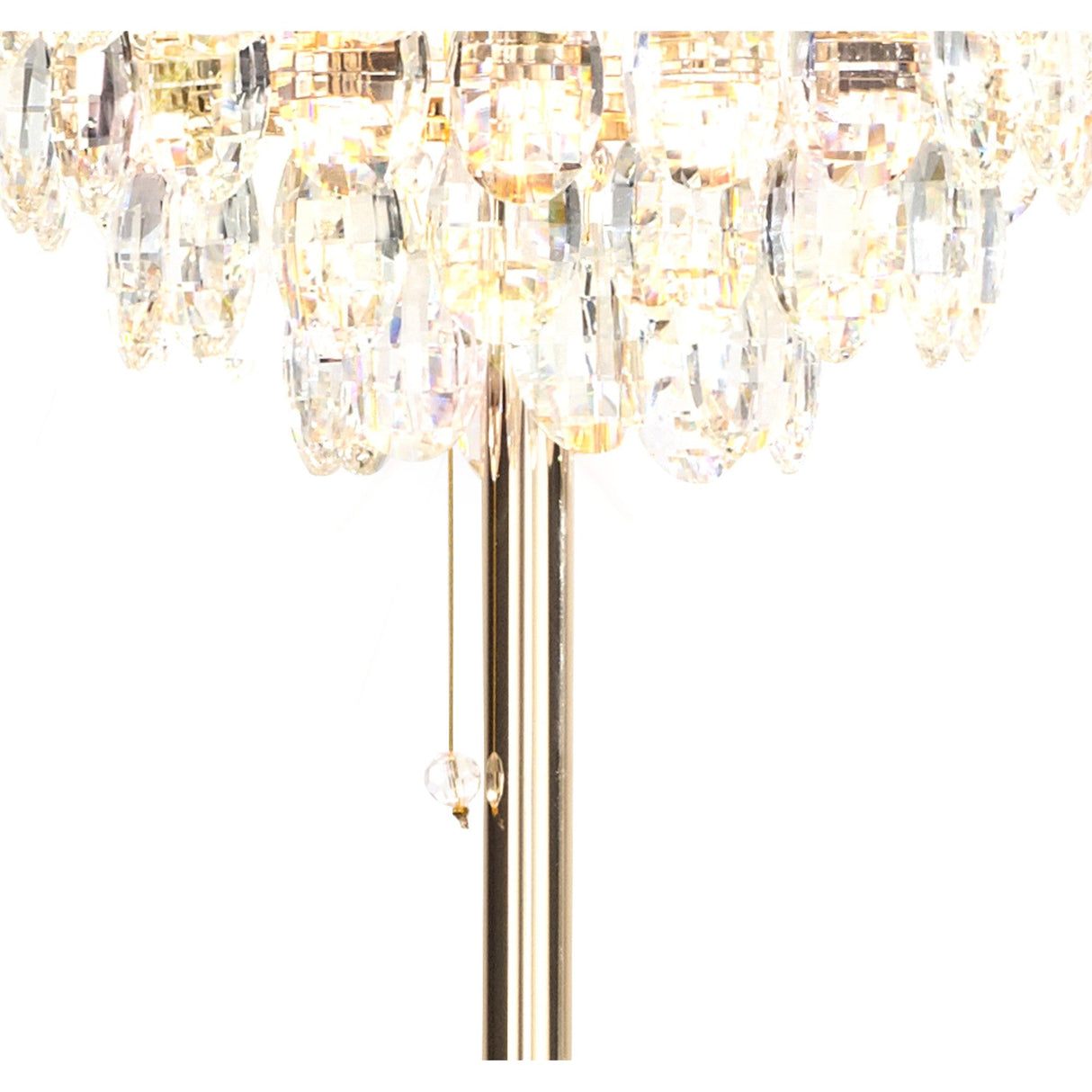 The Coniston 3 Light Crystal Floor Lamp in French Gold features a gold pole, crystal-like hanging pieces, and a pull chain, all illuminated with warm light on a white background.